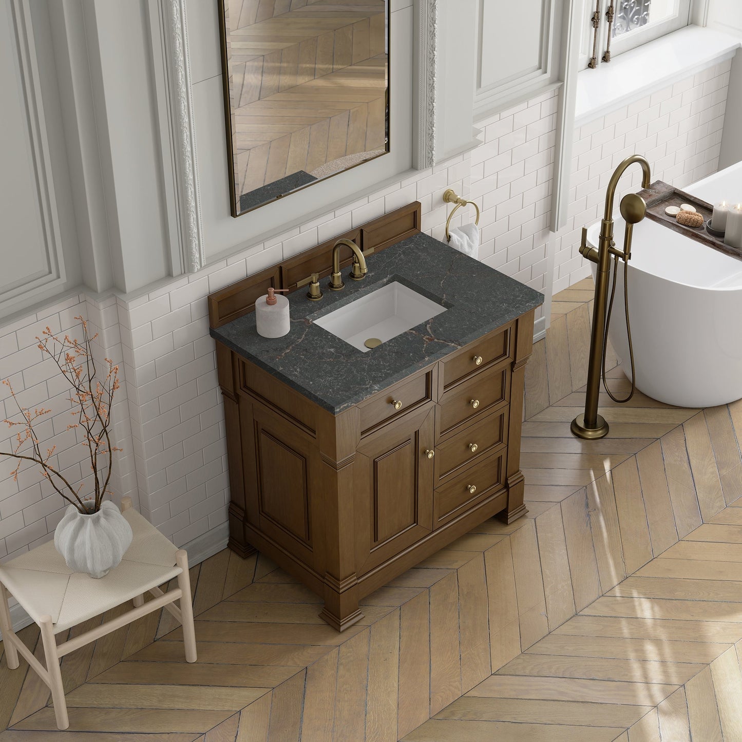 
                  
                    Brookfield 36" Single Vanity in Honey Oak Single Bathroom Vanity James Martin Vanities Parisien Bleu Silestone 
                  
                