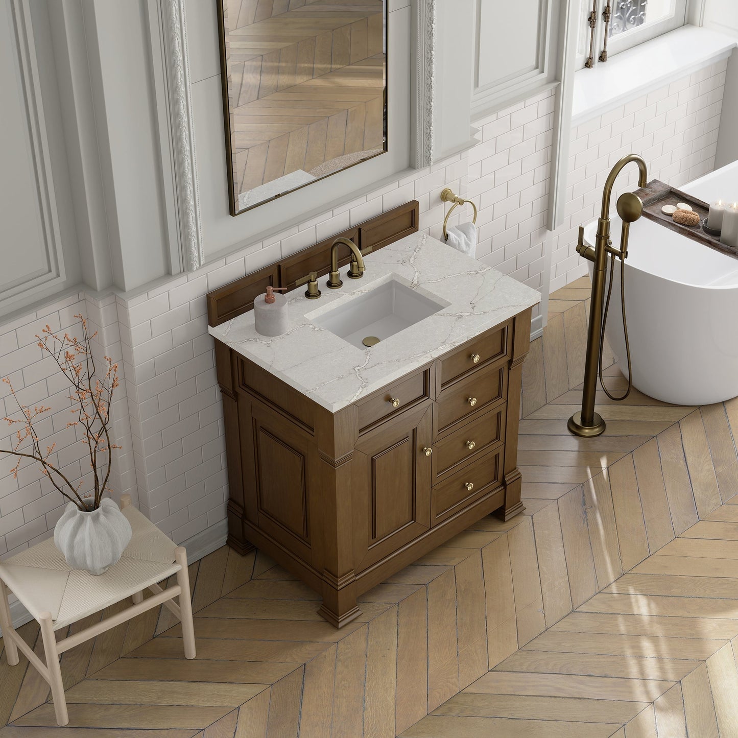 
                  
                    Brookfield 36" Single Vanity in Honey Oak Single Bathroom Vanity James Martin Vanities Victorian Silver Silestone 
                  
                