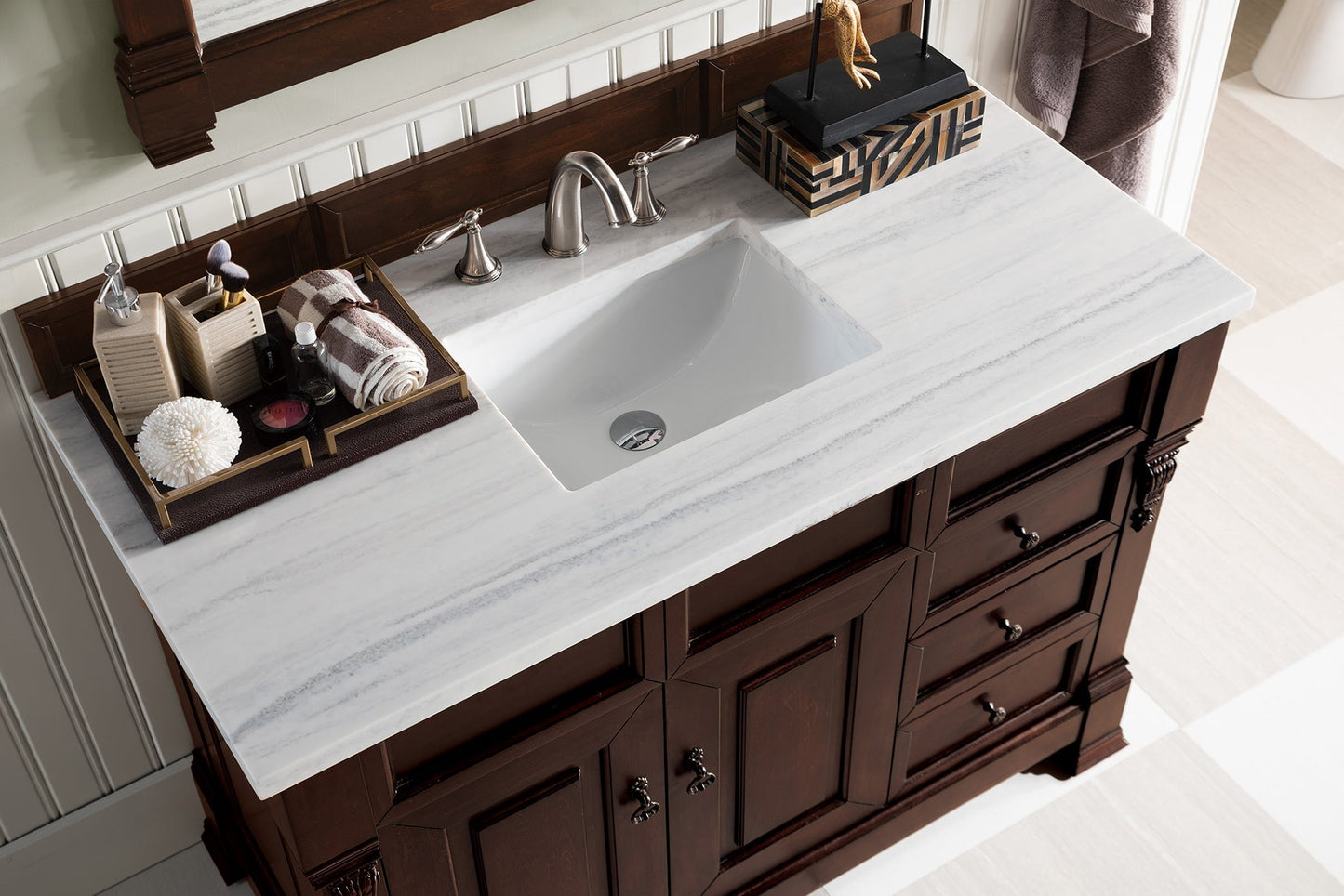 
                  
                    Brookfield 48" Single Bathroom Vanity in Burnished Mahogany Single Bathroom Vanity James Martin Vanities Arctic Fall Solid Surface 
                  
                