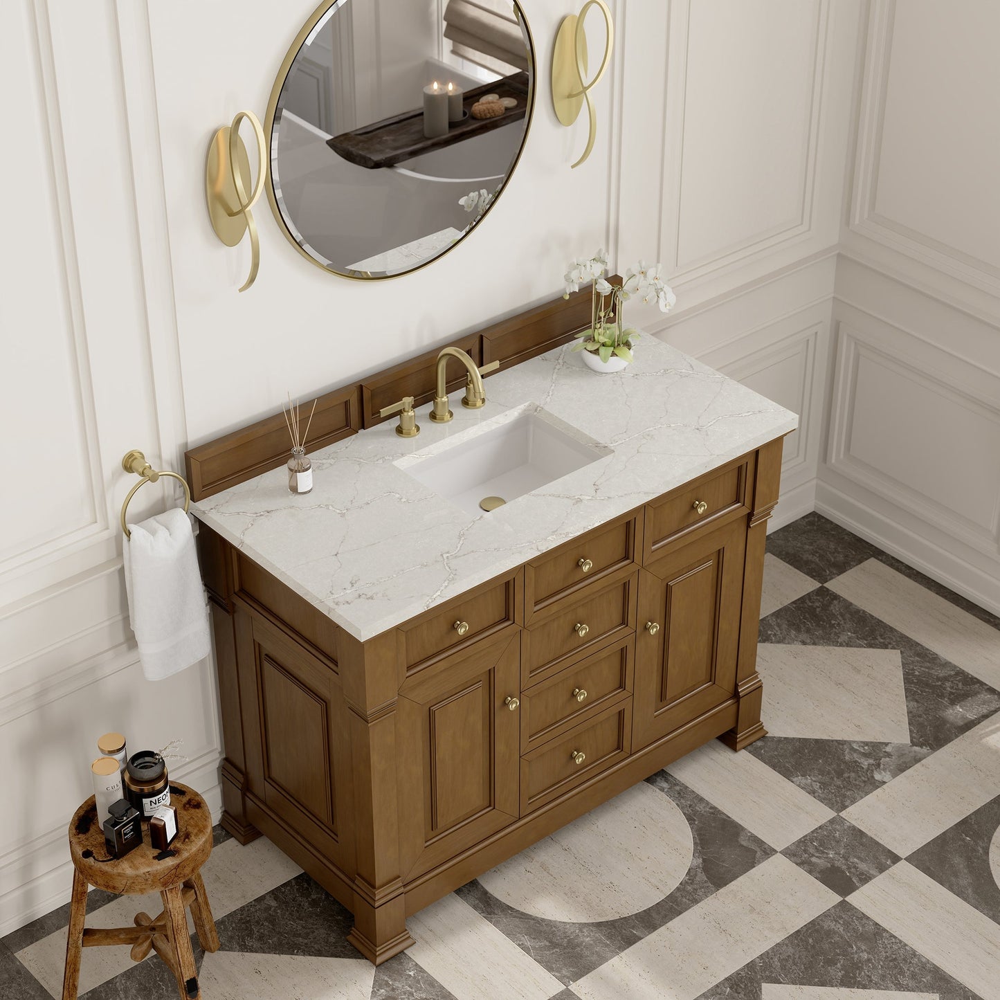 
                  
                    Brookfield 48" Single Vanity in Honey Oak Single Bathroom Vanity James Martin Vanities Victorian Silver Silestone 
                  
                