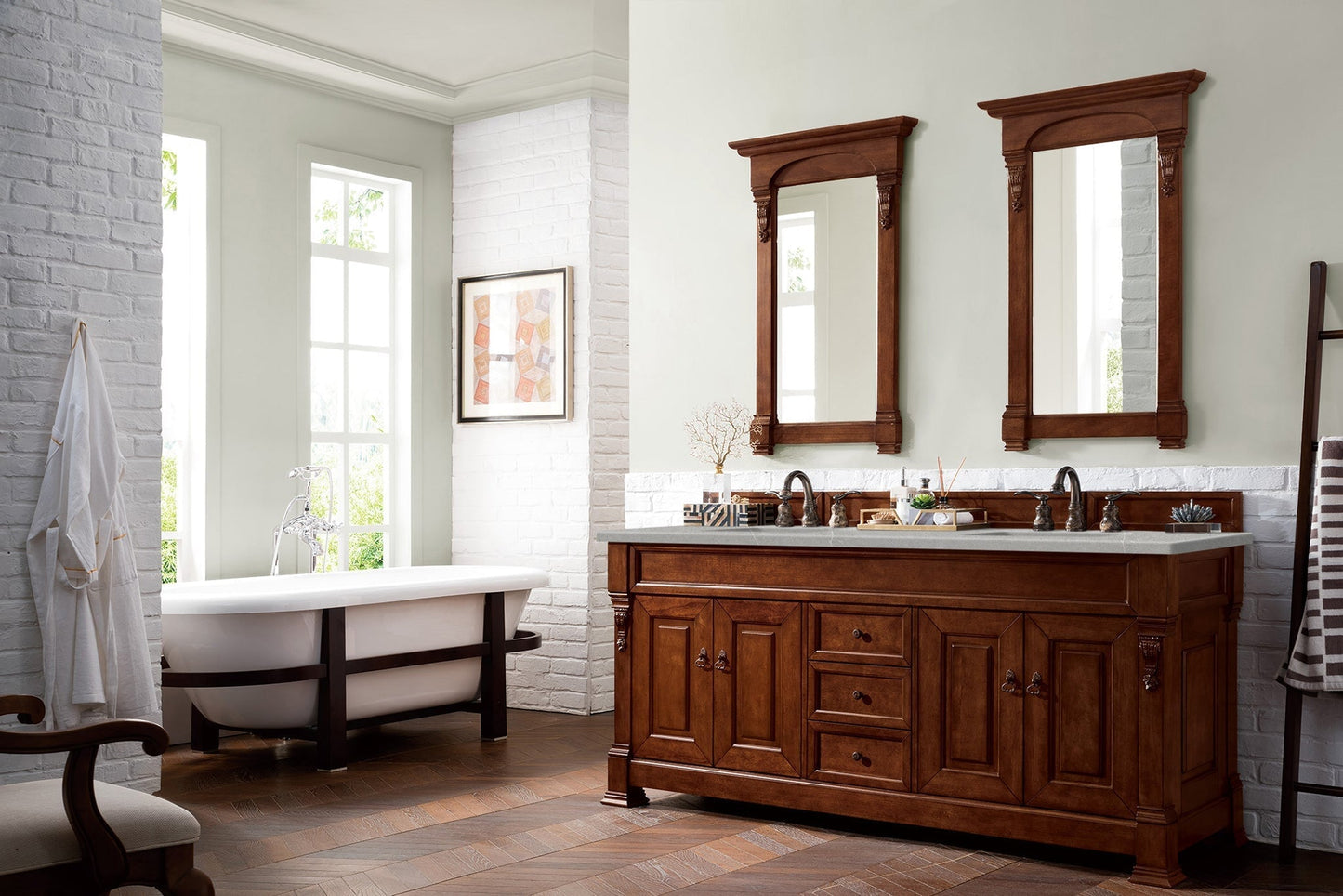 
                  
                    Brookfield 60" Double Bathroom Vanity in Warm Cherry Single Bathroom Vanity James Martin Vanities Eternal Serena Quartz 
                  
                