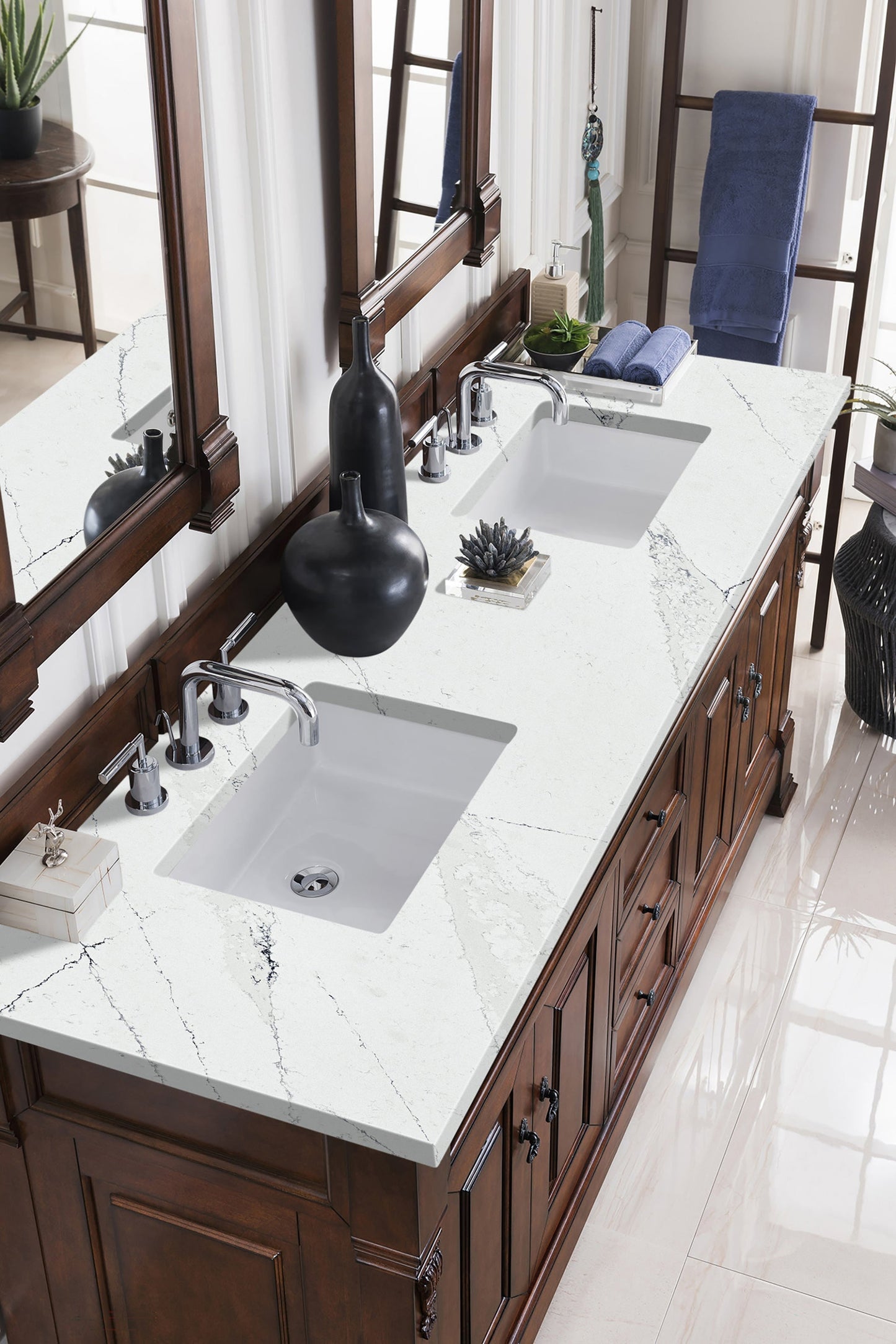 
                  
                    Brookfield 60" Double Bathroom Vanity in Warm Cherry Single Bathroom Vanity James Martin Vanities Ethereal Noctis Quartz 
                  
                