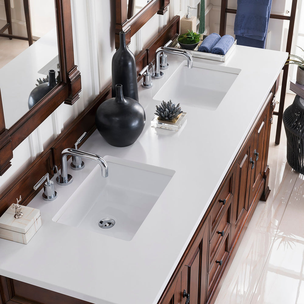 
                  
                    Brookfield 60" Double Bathroom Vanity in Warm Cherry Single Bathroom Vanity James Martin Vanities White Zeus Quartz 
                  
                