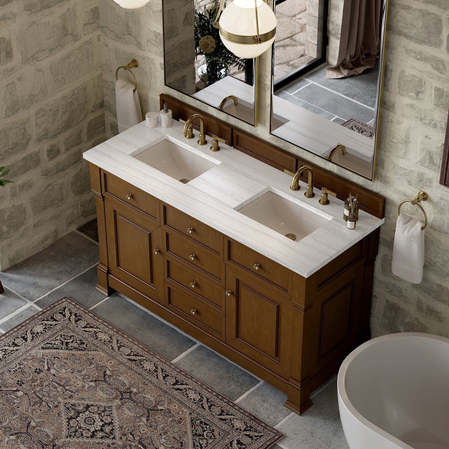 
                  
                    Brookfield 60" Double Vanity in Honey Oak Double Bathroom Vanity James Martin Vanities Arctic Fall Solid Surface 
                  
                