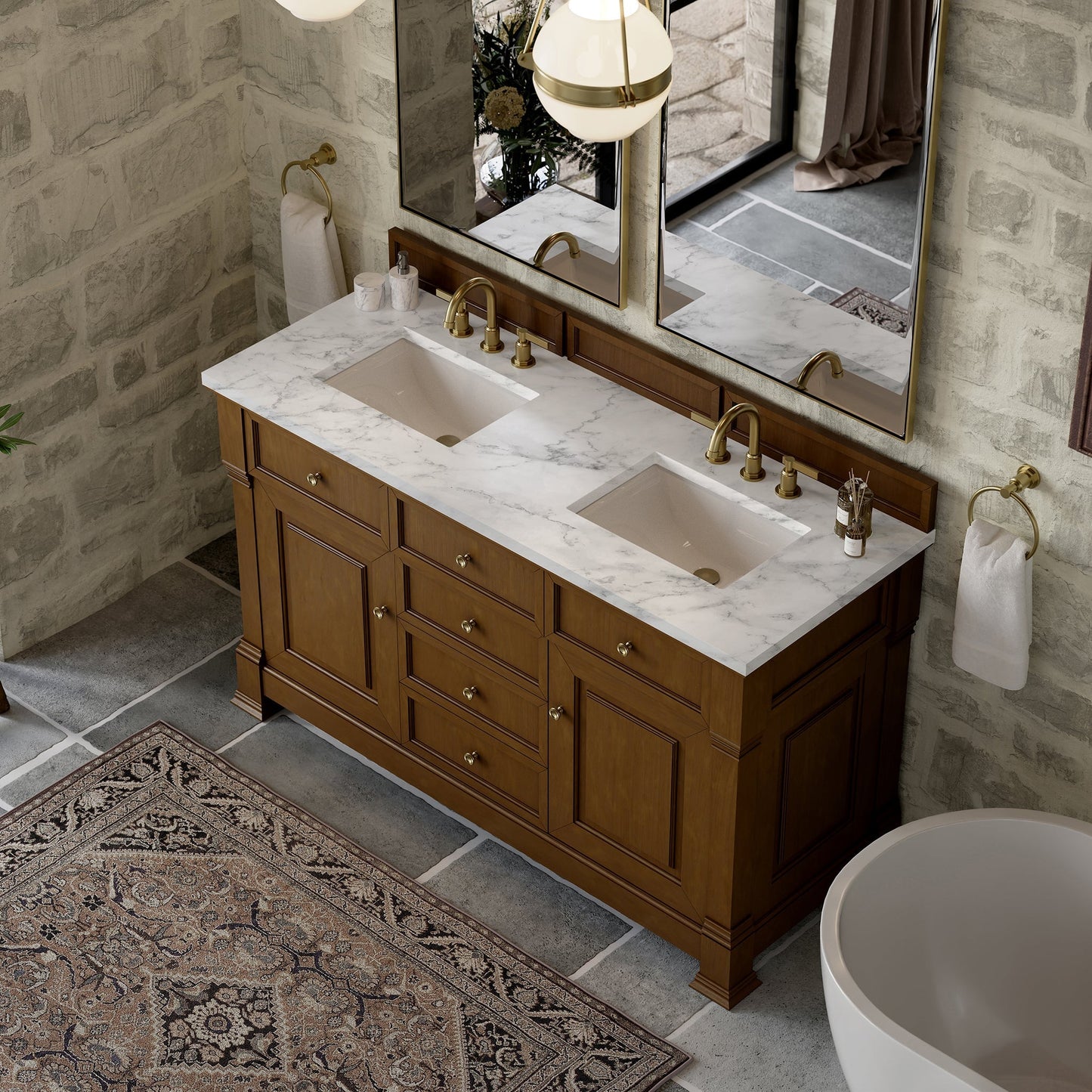 
                  
                    Brookfield 60" Double Vanity in Honey Oak Double Bathroom Vanity James Martin Vanities Carrara White Marble 
                  
                