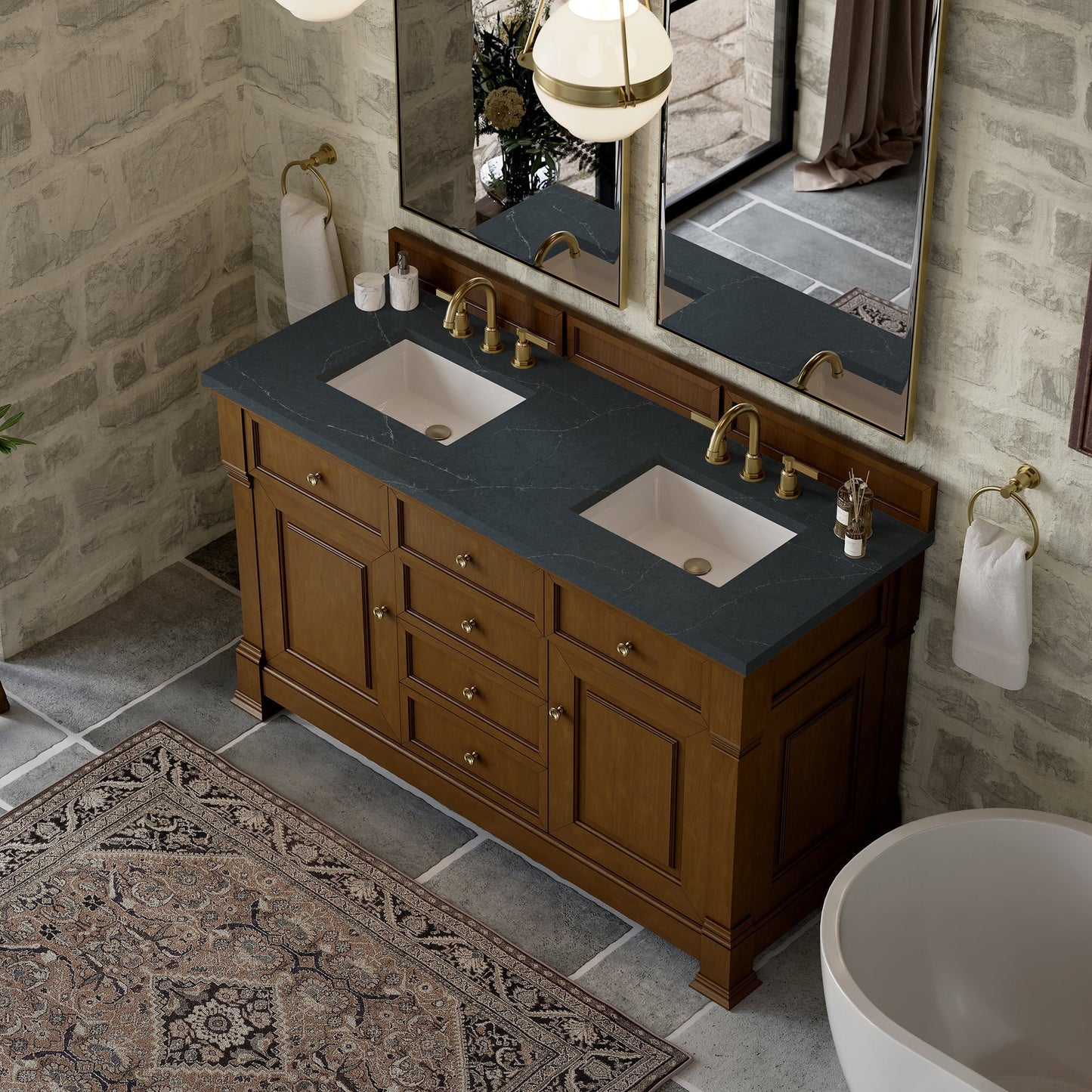 
                  
                    Brookfield 60" Double Vanity in Honey Oak Double Bathroom Vanity James Martin Vanities Charcoal Soapstone Silestone 
                  
                