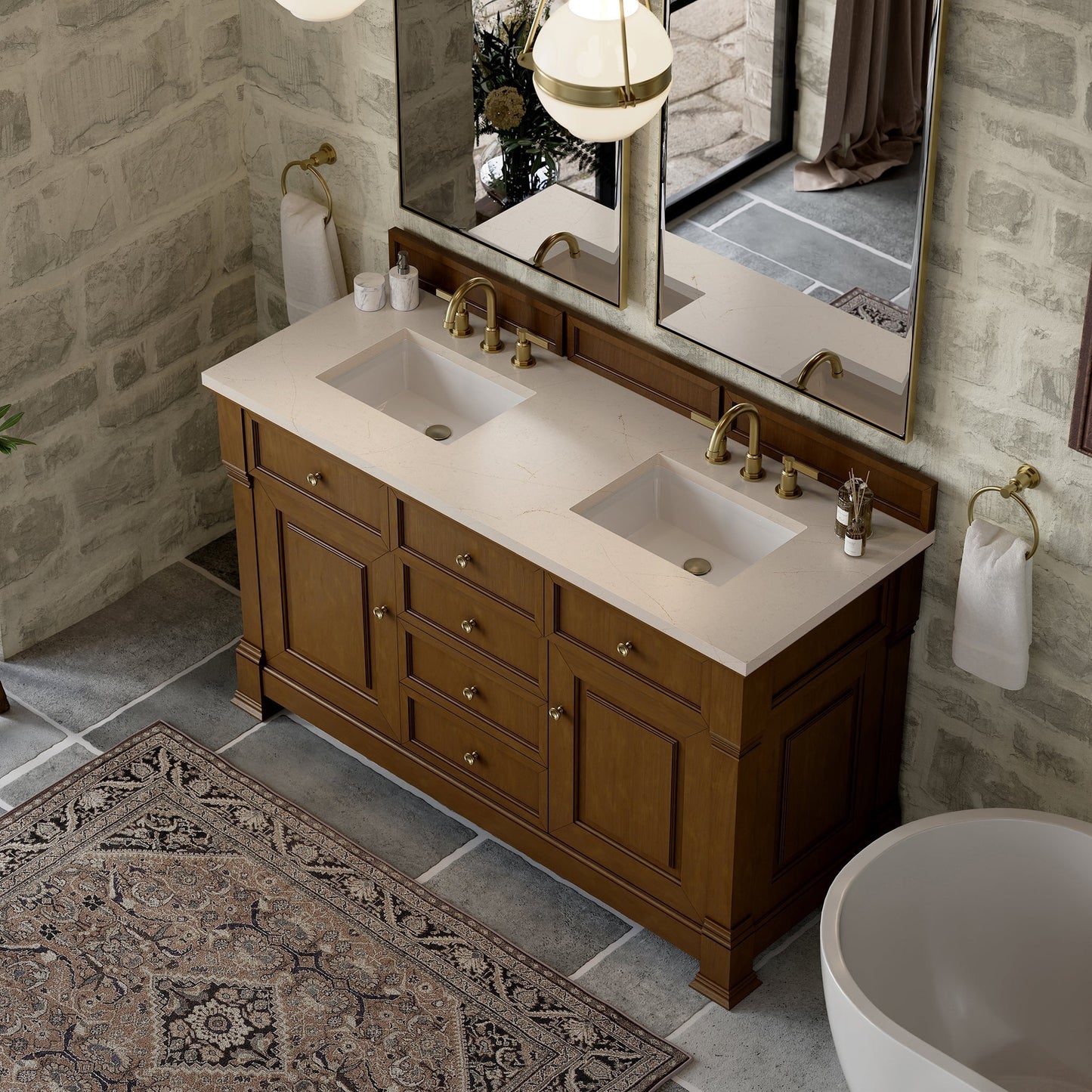 
                  
                    Brookfield 60" Double Vanity in Honey Oak Double Bathroom Vanity James Martin Vanities Eternal Marfil Silestone 
                  
                