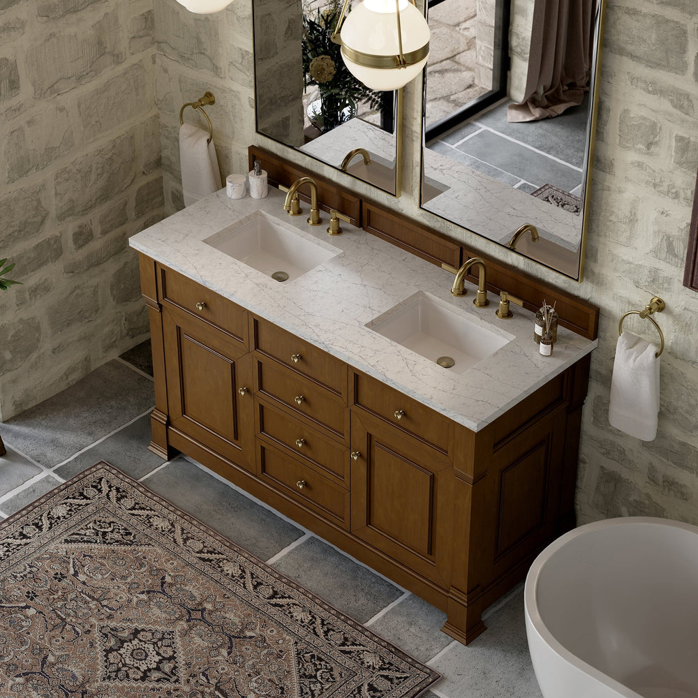 
                  
                    Brookfield 60" Double Vanity in Honey Oak Double Bathroom Vanity James Martin Vanities Eternal Pearl Jasmine Silestone 
                  
                