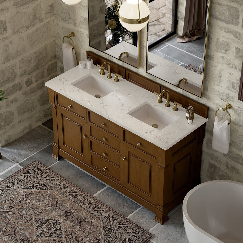 
                  
                    Brookfield 60" Double Vanity in Honey Oak Double Bathroom Vanity James Martin Vanities Victorian Silver Silestone 
                  
                