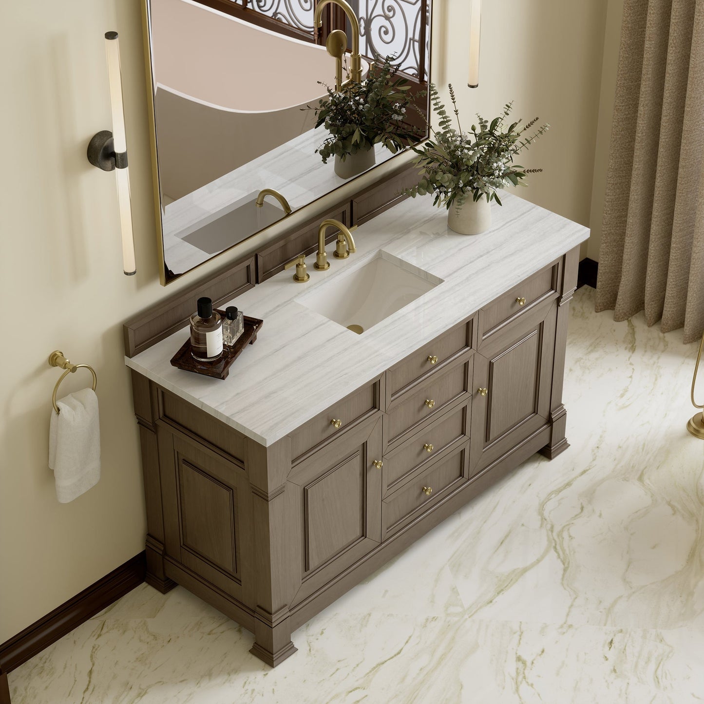 
                  
                    Brookfield 60" Double Vanity in Pecan Double Bathroom Vanity James Martin Vanities Arctic Fall Solid Surface 
                  
                