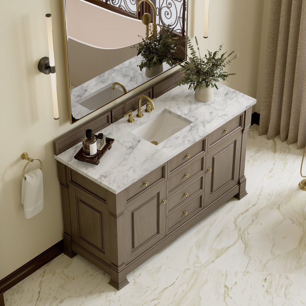 
                  
                    Brookfield 60" Double Vanity in Pecan Double Bathroom Vanity James Martin Vanities Carrara White Marble 
                  
                