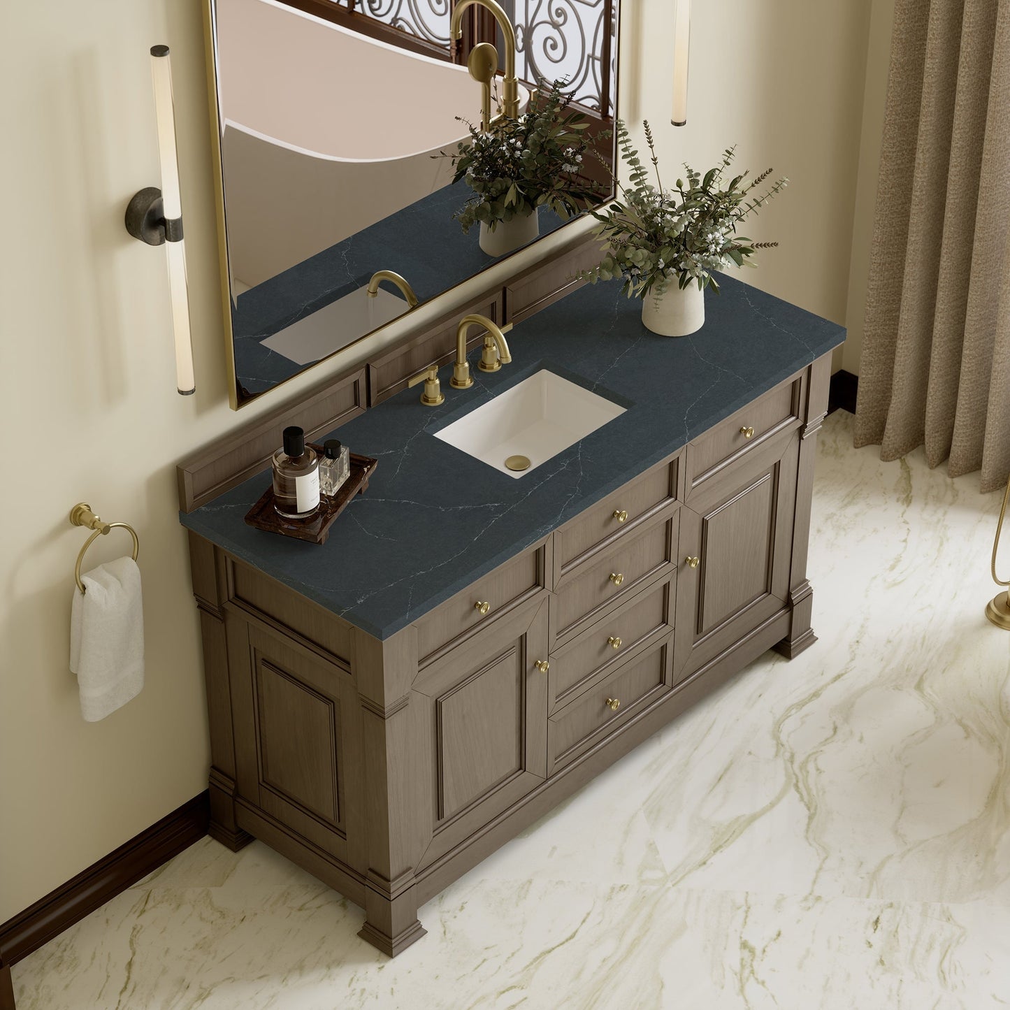 
                  
                    Brookfield 60" Double Vanity in Pecan Double Bathroom Vanity James Martin Vanities Charcoal Soapstone Silestone 
                  
                