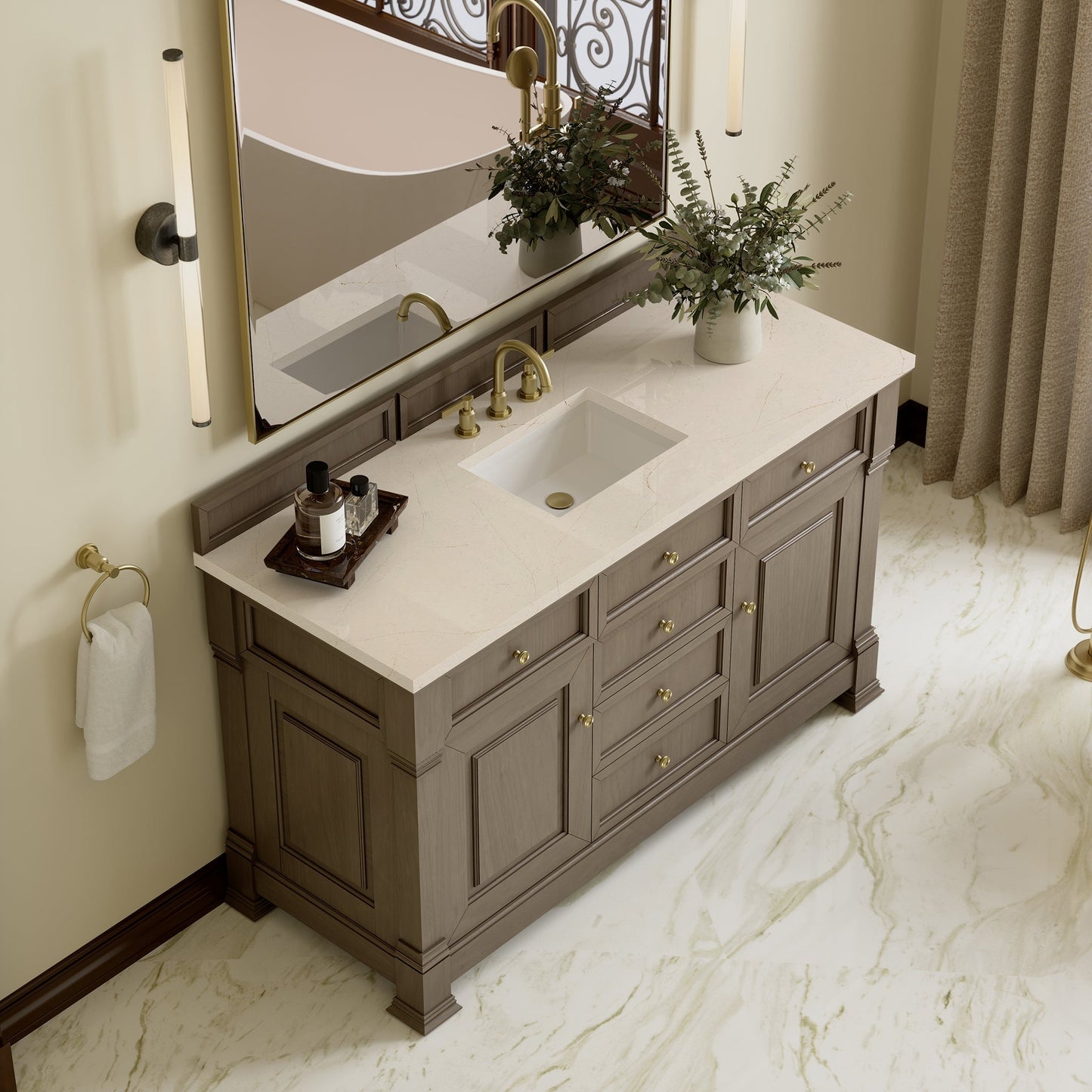 
                  
                    Brookfield 60" Double Vanity in Pecan Double Bathroom Vanity James Martin Vanities Eternal Marfil Silestone 
                  
                