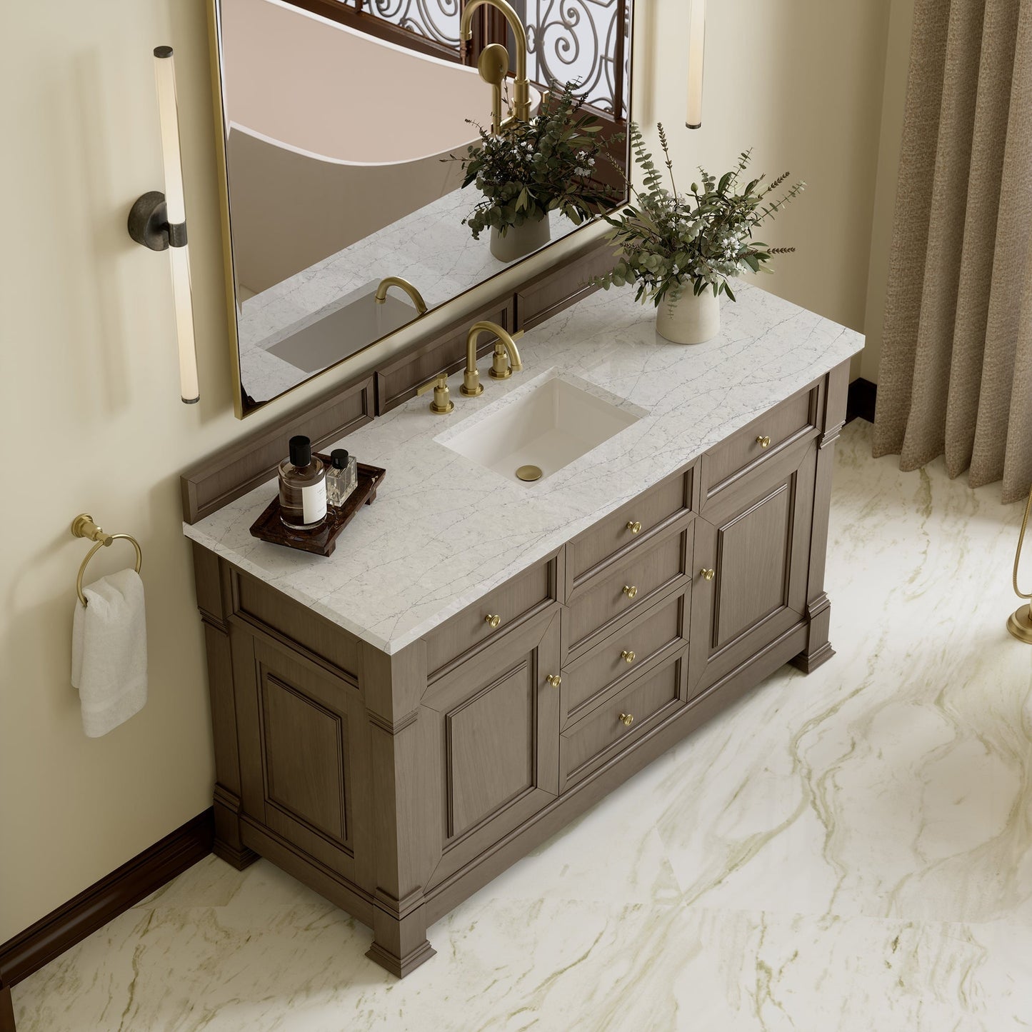 
                  
                    Brookfield 60" Double Vanity in Pecan Double Bathroom Vanity James Martin Vanities Eternal Pearl Jasmine Silestone 
                  
                