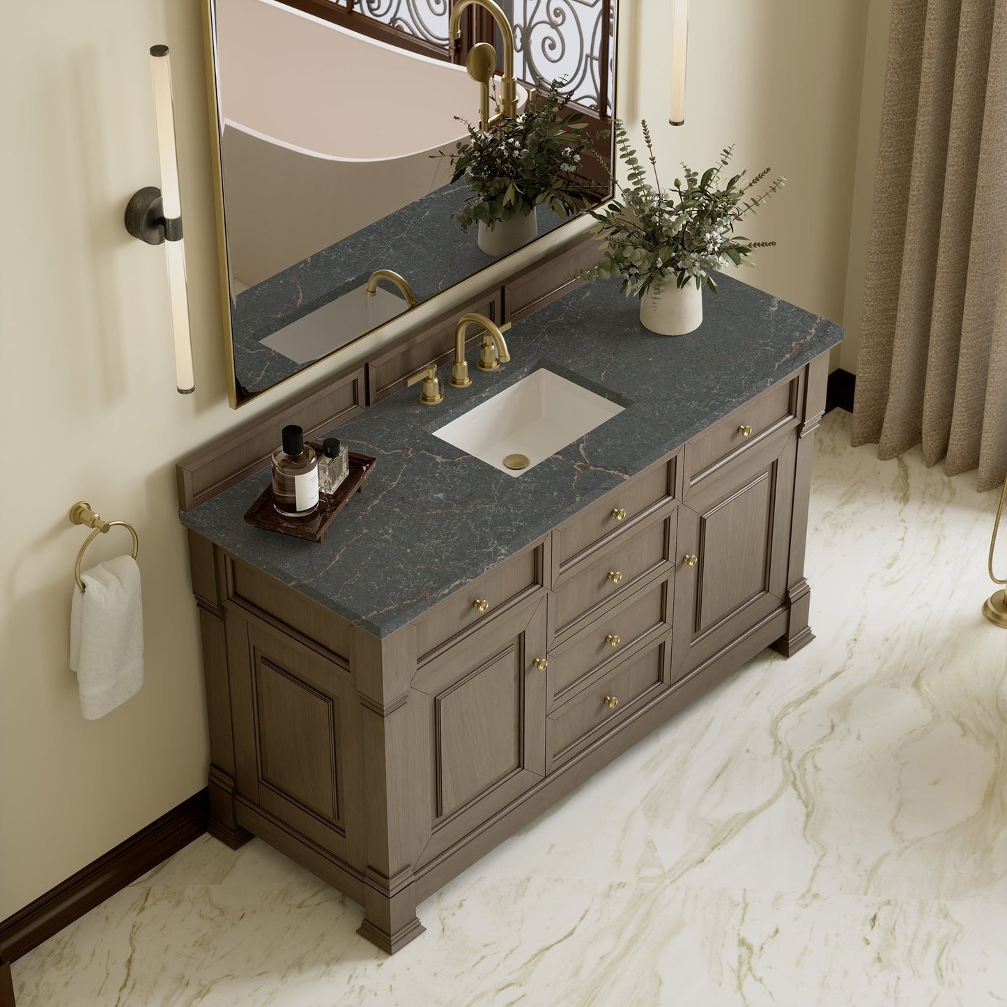 
                  
                    Brookfield 60" Double Vanity in Pecan Double Bathroom Vanity James Martin Vanities Parisien Bleu Silestone 
                  
                