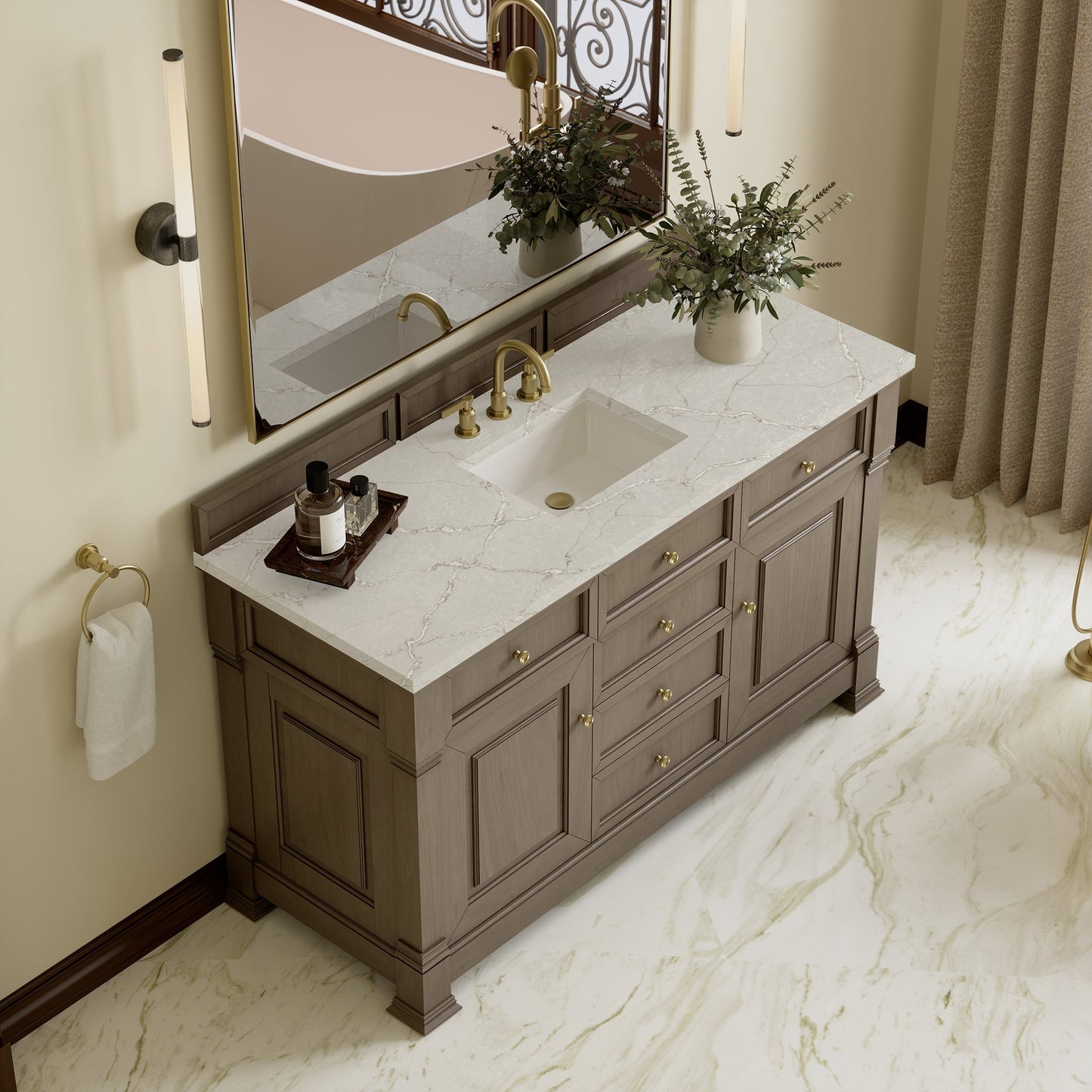 
                  
                    Brookfield 60" Double Vanity in Pecan Double Bathroom Vanity James Martin Vanities Victorian Silver Silestone 
                  
                