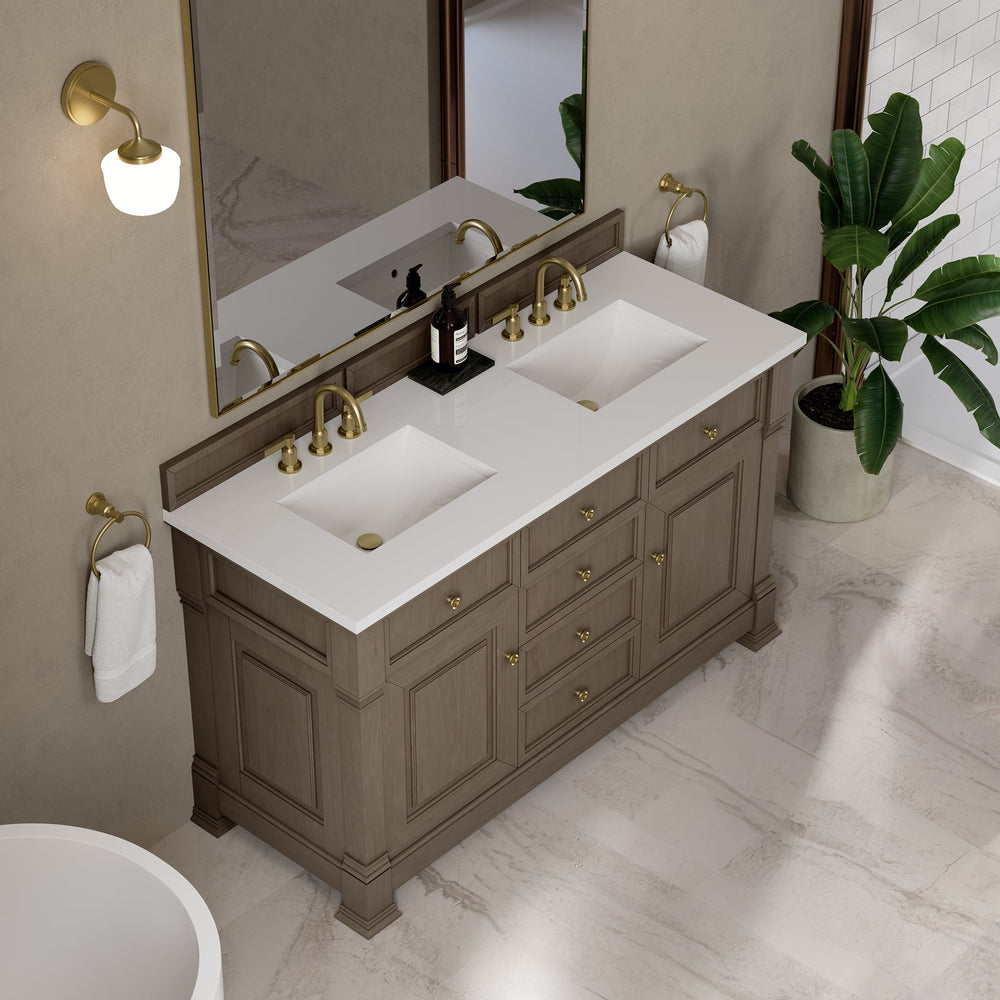 
                  
                    Brookfield 60" Double Vanity in Pecan Double Bathroom Vanity James Martin Vanities White Zeus Silestone 
                  
                