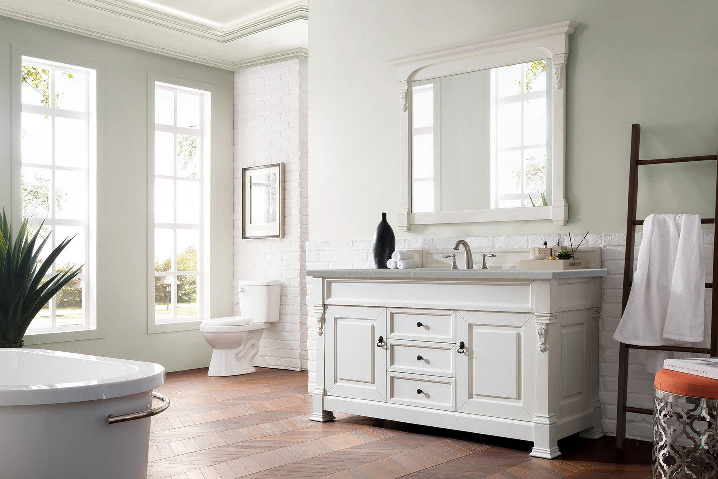 
                  
                    Brookfield 60" Single Bathroom Vanity in Bright White Single Bathroom Vanity James Martin Vanities Eternal Serena Quartz 
                  
                