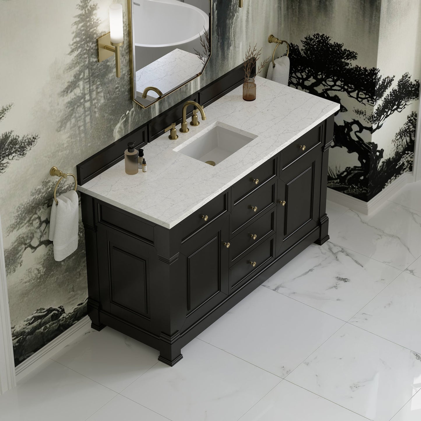 
                  
                    Brookfield 60" Single Vanity in Black Onyx Single Bathroom Vanity James Martin Vanities Eternal Pearl Jasmine Silestone 
                  
                