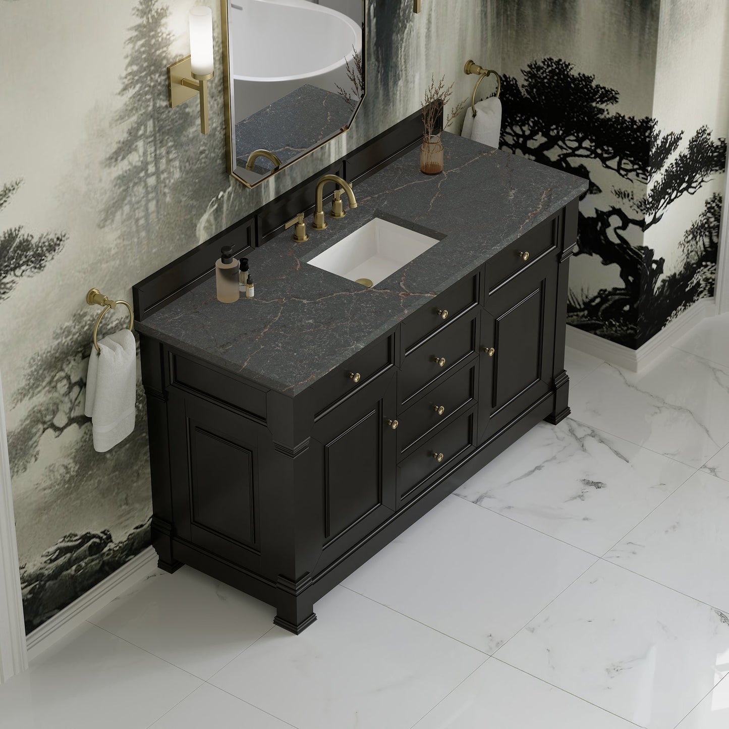 
                  
                    Brookfield 60" Single Vanity in Black Onyx Single Bathroom Vanity James Martin Vanities Parisien Bleu Silestone 
                  
                