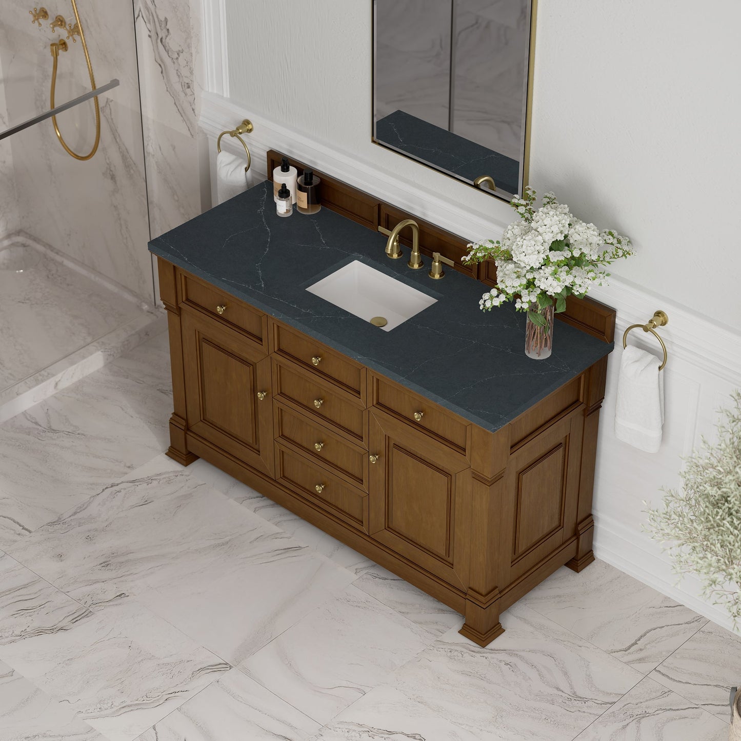 
                  
                    Brookfield 60" Single Vanity in Honey Oak Single Bathroom Vanity James Martin Vanities Charcoal Soapstone Silestone 
                  
                