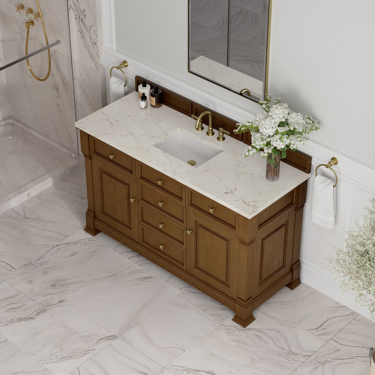 
                  
                    Brookfield 60" Single Vanity in Honey Oak Single Bathroom Vanity James Martin Vanities Victorian Silver Silestone 
                  
                