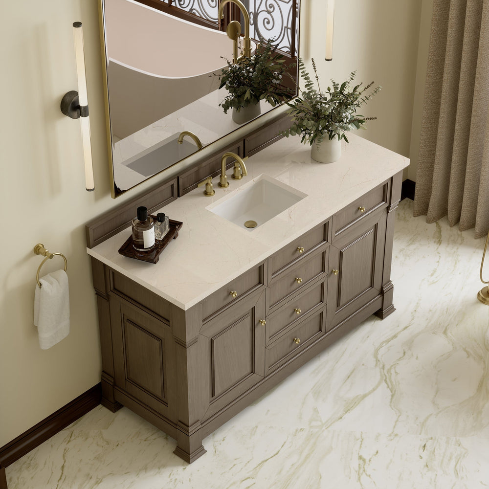 
                  
                    Brookfield 60" Single Vanity in Pecan Single Bathroom Vanity James Martin Vanities Eternal Marfil Silestone 
                  
                