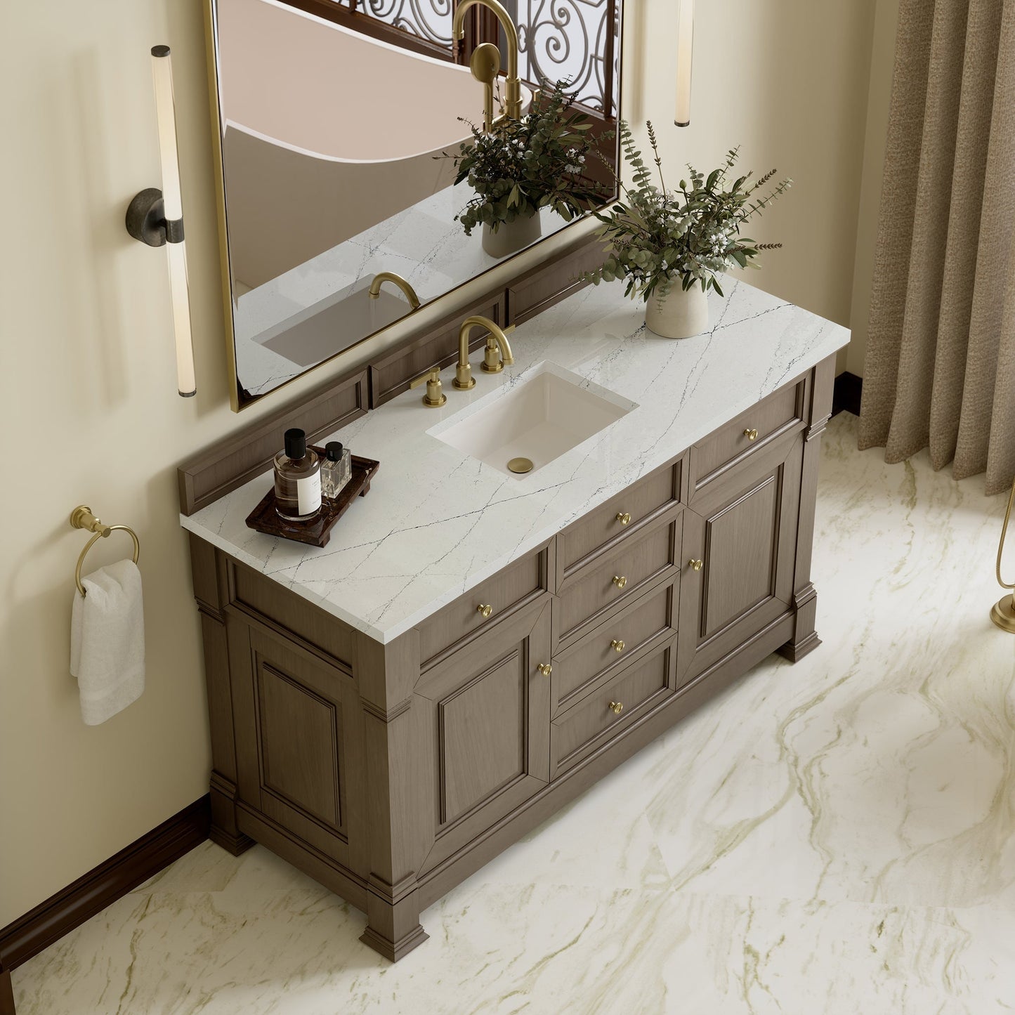 
                  
                    Brookfield 60" Single Vanity in Pecan Single Bathroom Vanity James Martin Vanities Ethereal Noctis Silestone 
                  
                