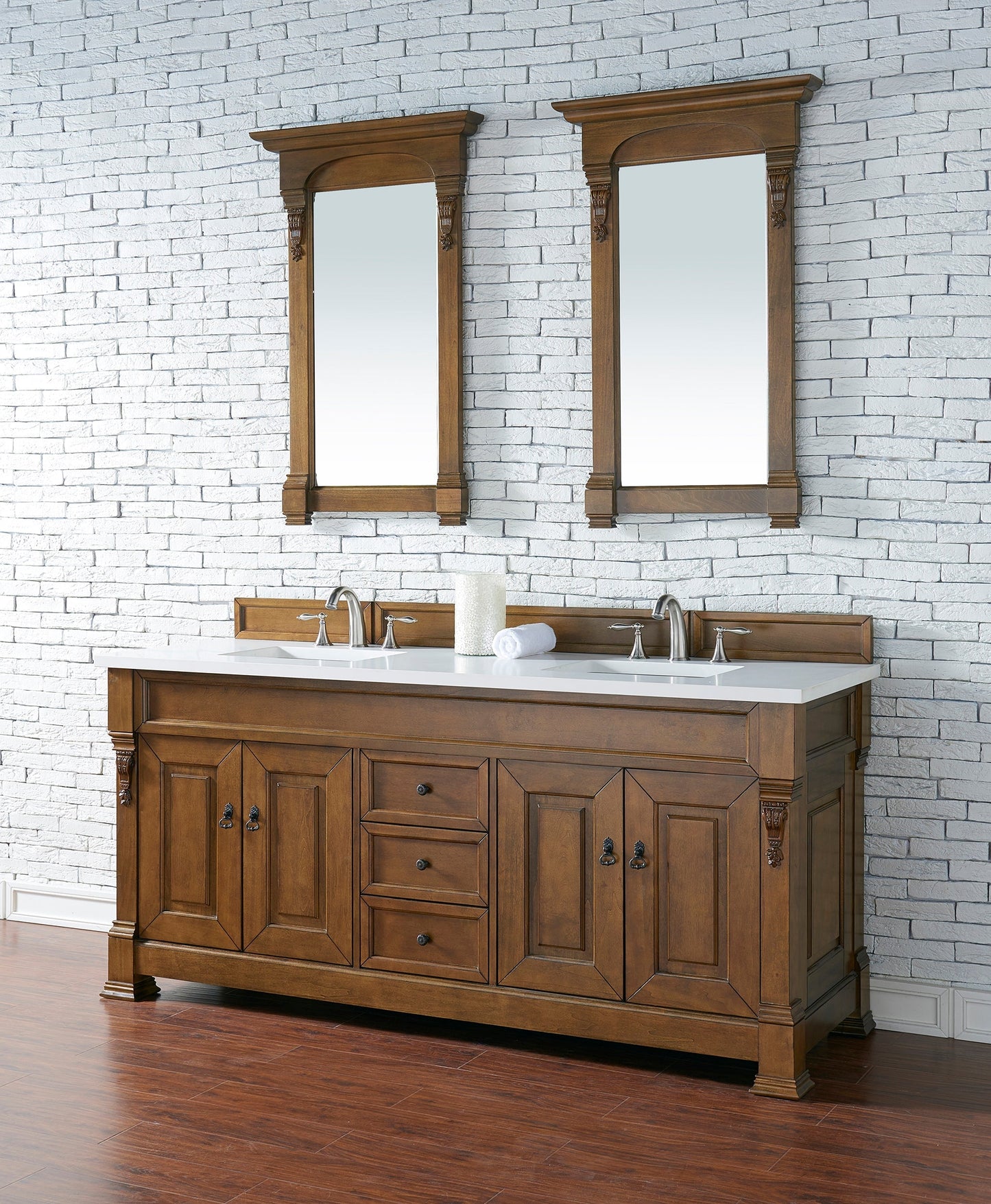 
                  
                    Brookfield 72" Double Bathroom Vanity in Country Oak Single Bathroom Vanity James Martin Vanities White Zeus Quartz 
                  
                