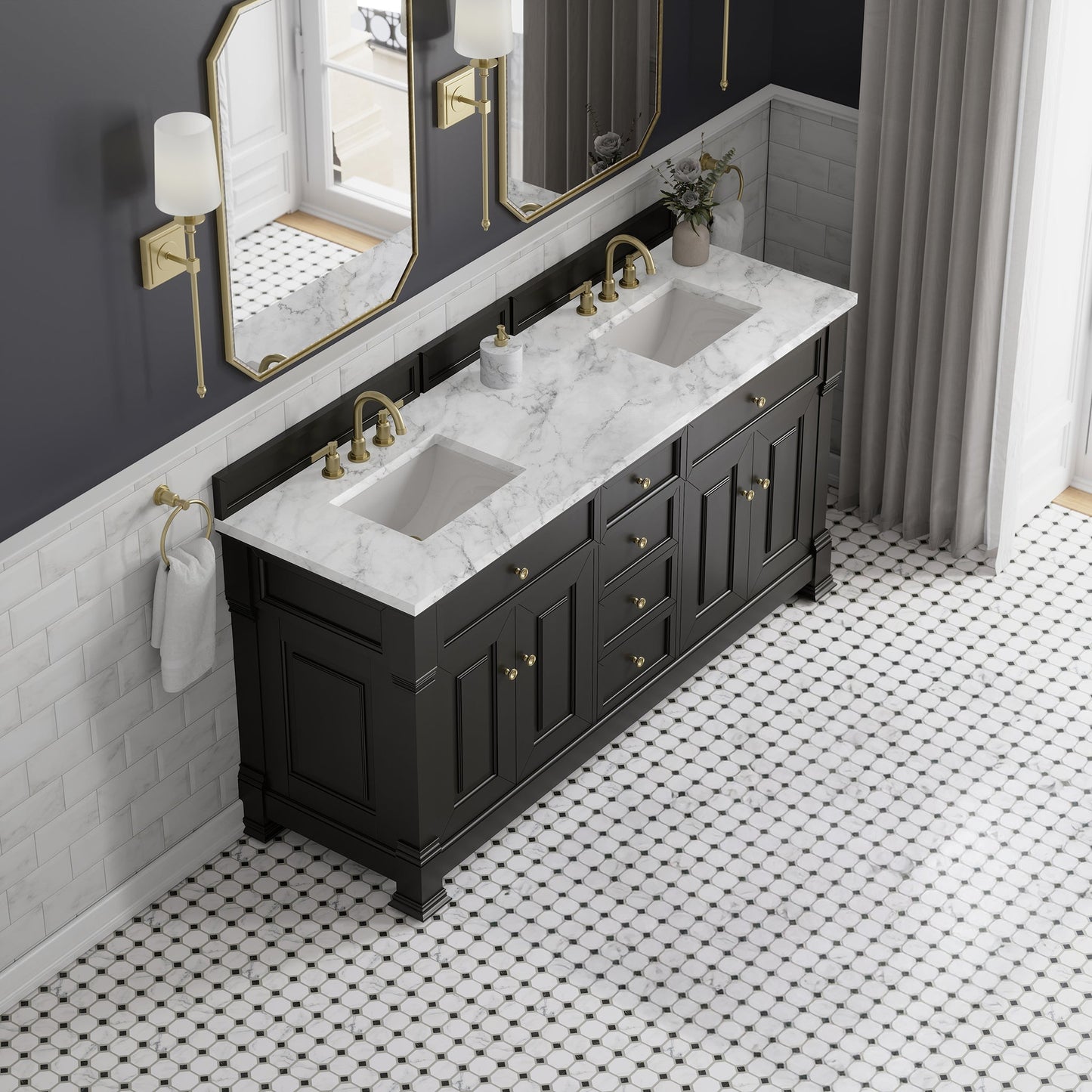 
                  
                    Brookfield 72" Double Vanity in Black Onyx Double Bathroom Vanity James Martin Vanities Carrara White Marble 
                  
                