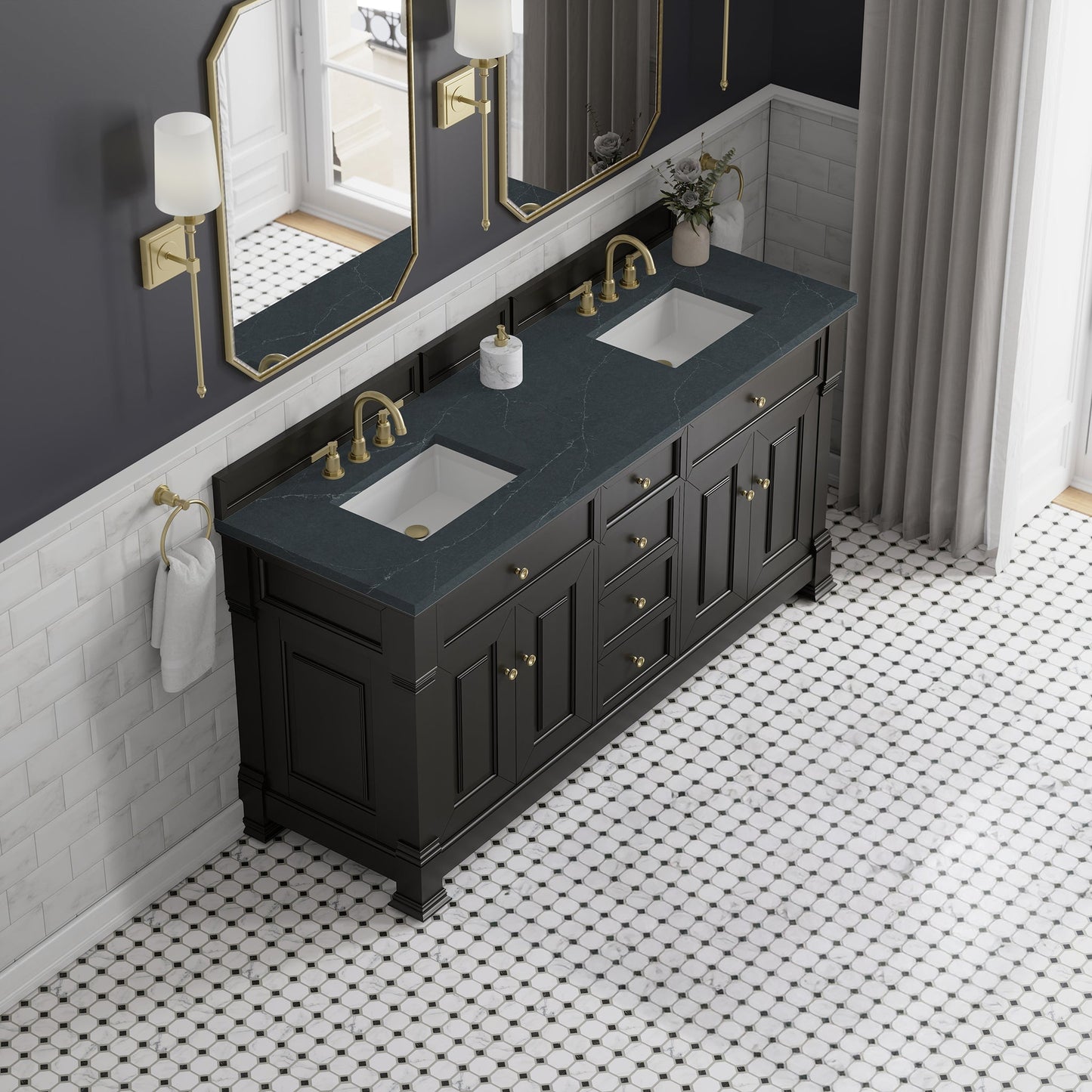 
                  
                    Brookfield 72" Double Vanity in Black Onyx Double Bathroom Vanity James Martin Vanities Charcoal Soapstone Silestone 
                  
                