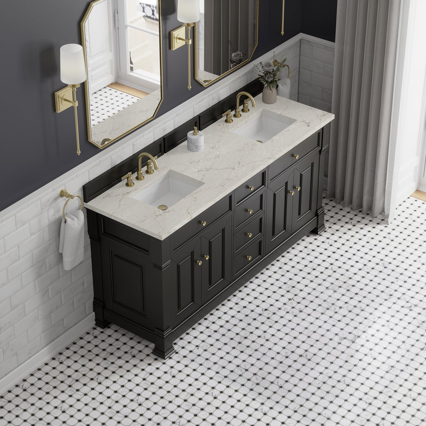 
                  
                    Brookfield 72" Double Vanity in Black Onyx Double Bathroom Vanity James Martin Vanities Victorian Silver Silestone 
                  
                