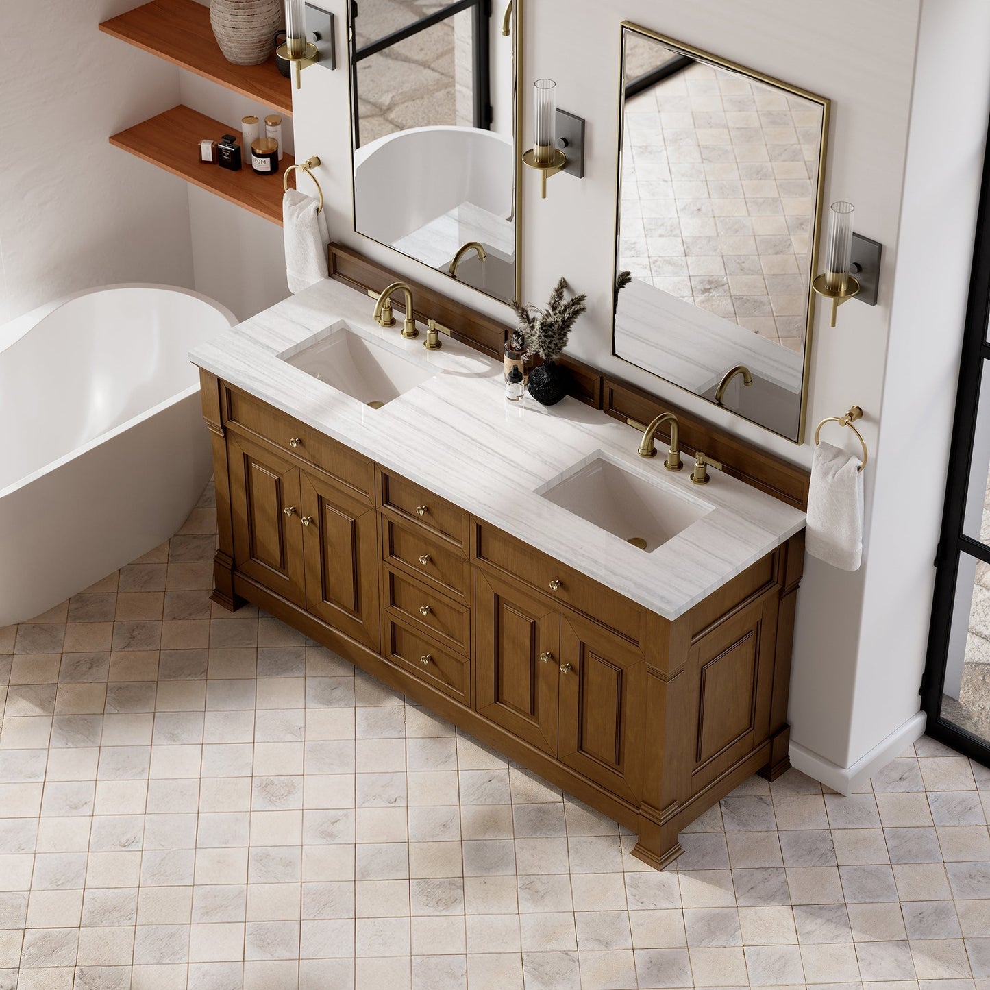 
                  
                    Brookfield 72" Double Vanity in Honey Oak Double Bathroom Vanity James Martin Vanities Arctic Fall Solid Surface 
                  
                