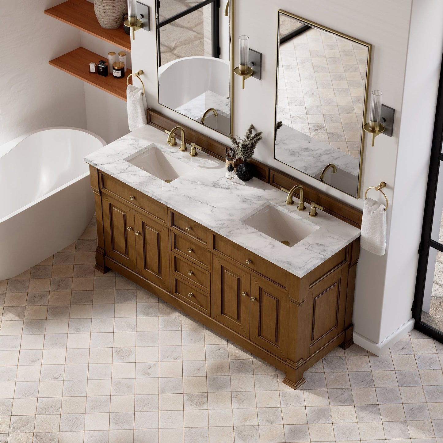 
                  
                    Brookfield 72" Double Vanity in Honey Oak Double Bathroom Vanity James Martin Vanities Carrara White Marble 
                  
                