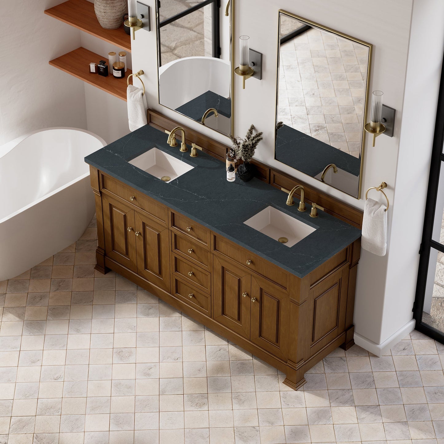 
                  
                    Brookfield 72" Double Vanity in Honey Oak Double Bathroom Vanity James Martin Vanities Charcoal Soapstone Silestone 
                  
                