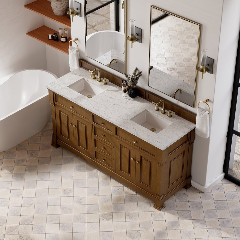 
                  
                    Brookfield 72" Double Vanity in Honey Oak Double Bathroom Vanity James Martin Vanities Eternal Pearl Jasmine Silestone 
                  
                