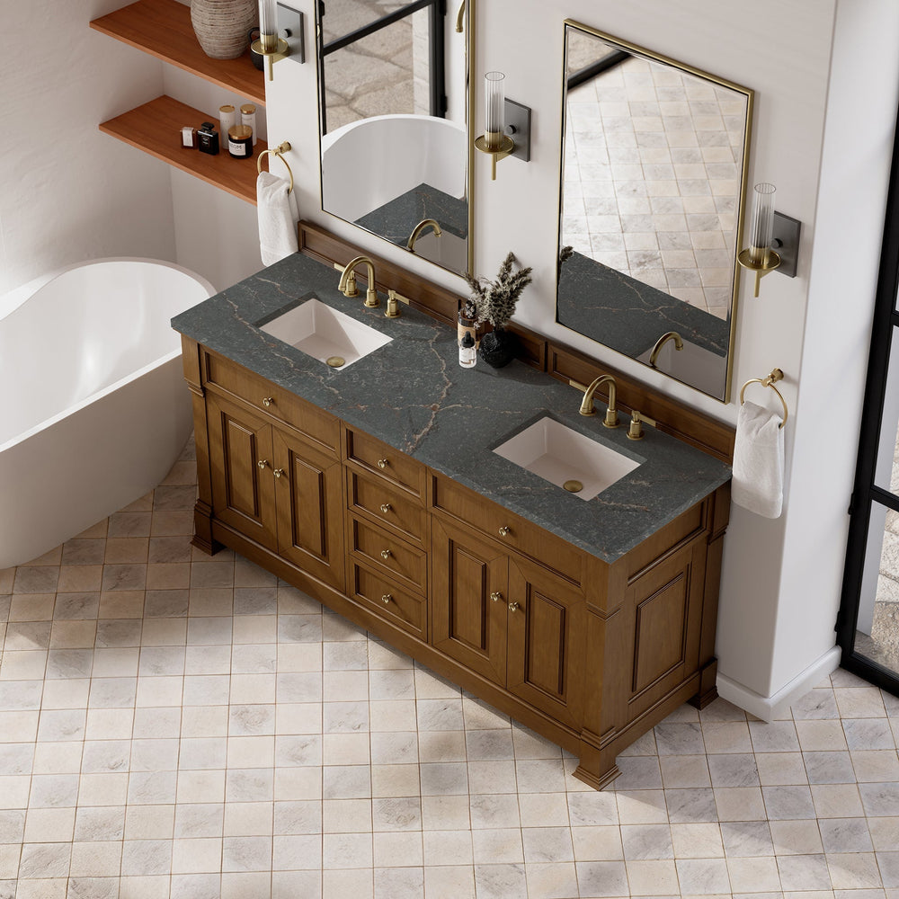 
                  
                    Brookfield 72" Double Vanity in Honey Oak Double Bathroom Vanity James Martin Vanities Parisien Bleu Silestone 
                  
                