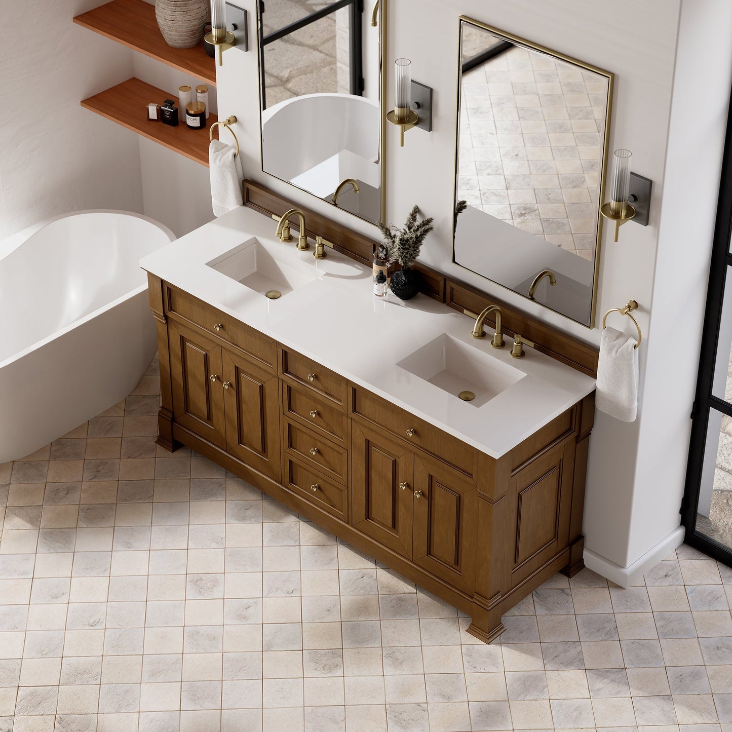 
                  
                    Brookfield 72" Double Vanity in Honey Oak Double Bathroom Vanity James Martin Vanities White Zeus Silestone 
                  
                