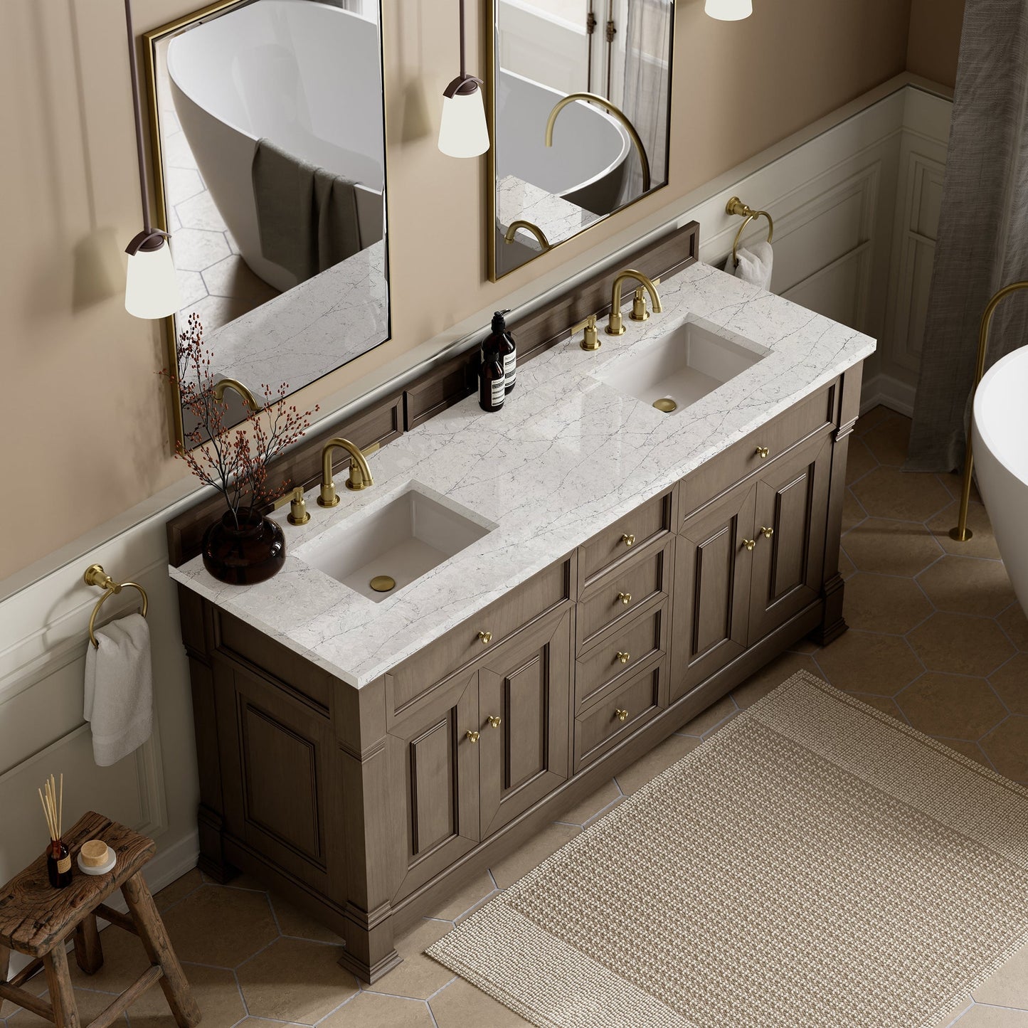 
                  
                    Brookfield 72" Double Vanity in Pecan Double Bathroom Vanity James Martin Vanities Eternal Pearl Jasmine Silestone 
                  
                