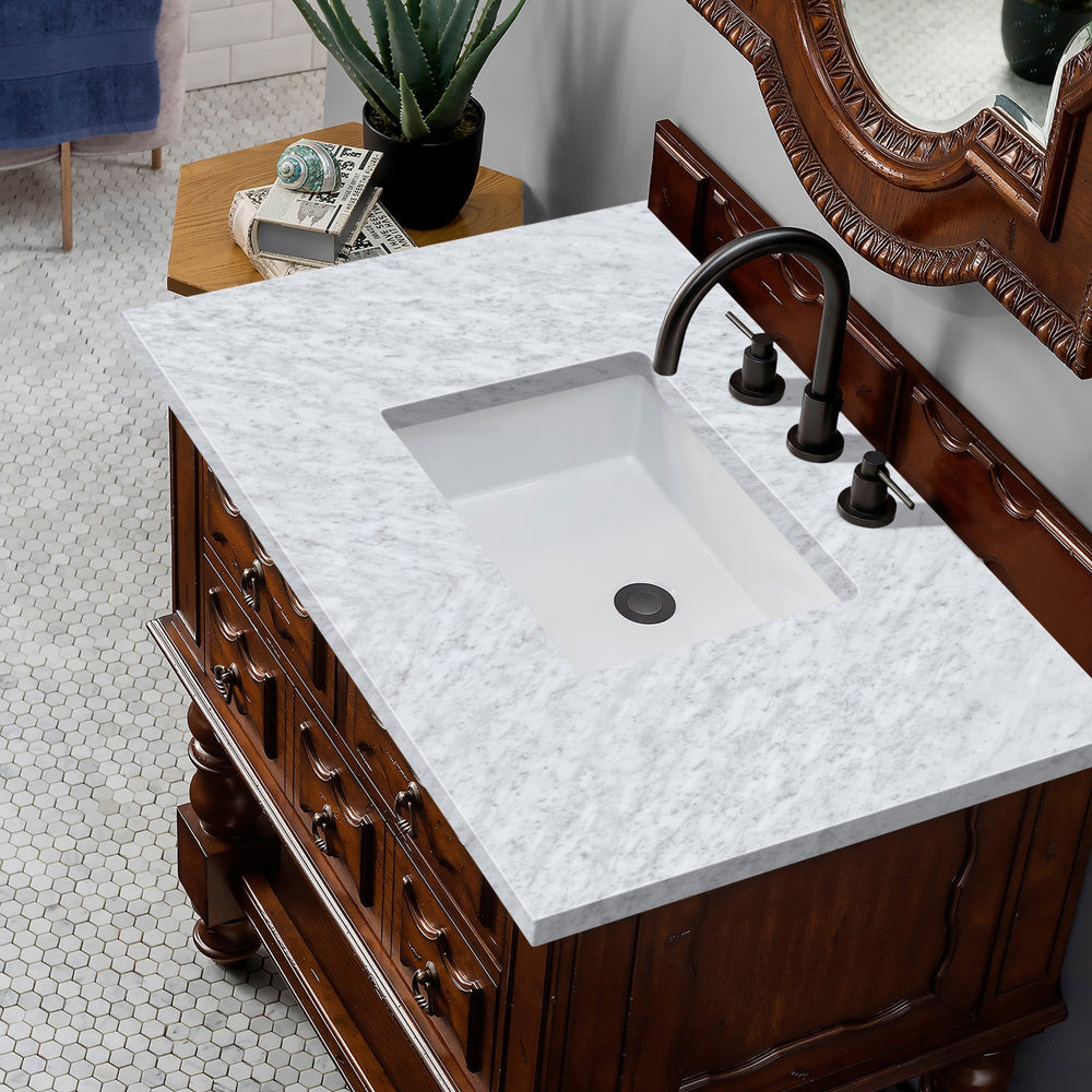
                  
                    Castilian 36" Single Bathroom Vanity Single Bathroom Vanity James Martin Vanities Aged Cognac Carrara White Marble 
                  
                