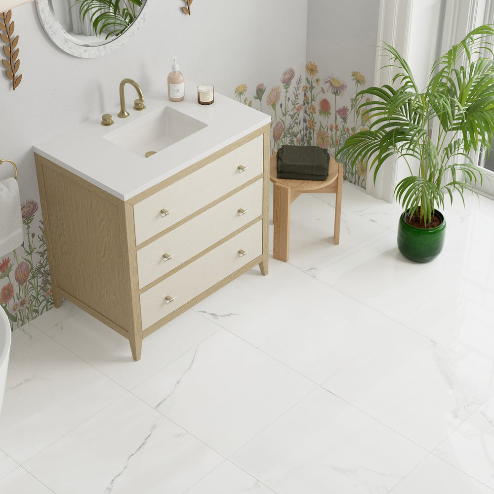 
                  
                    Celeste 36" Single Vanity in Sunwashed Oak with Embossed Shagreen Single Bathroom Vanity James Martin Vanities White Zeus Silestone 
                  
                