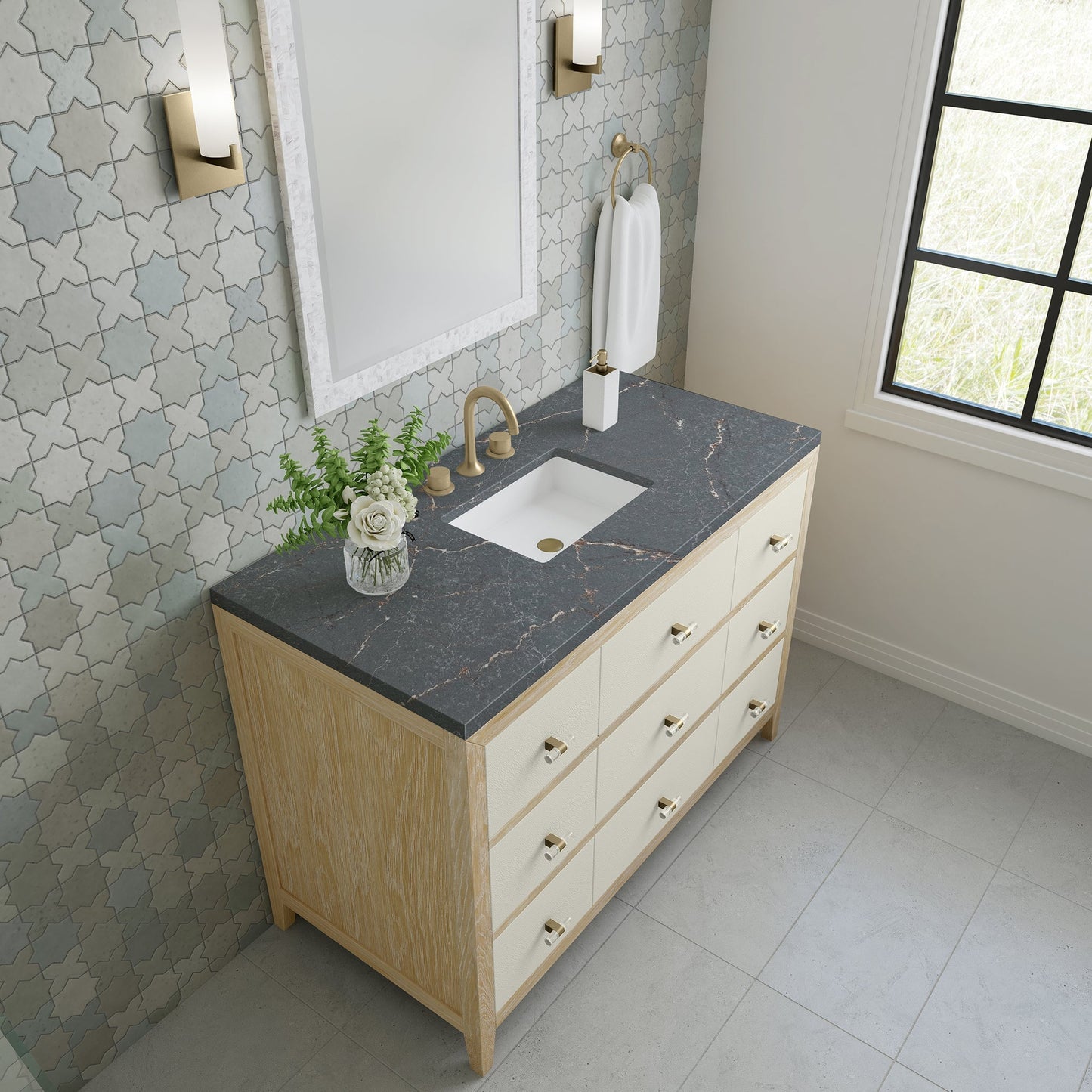 
                  
                    Celeste 48" Single Vanity in Sunwashed Oak with Embossed Shagreen Single Bathroom Vanity James Martin Vanities Parisien Bleu Silestone 
                  
                