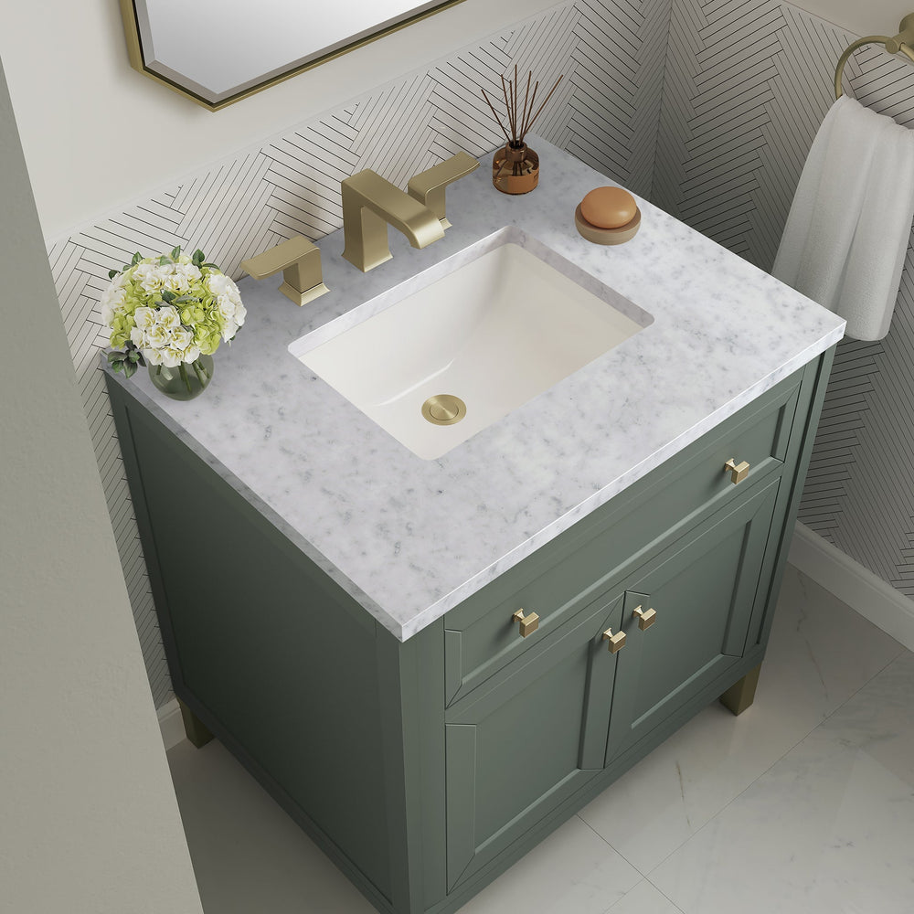 
                  
                    Chicago 30" Single Bathroom Vanity in Smokey Celadon Single Bathroom Vanity James Martin Vanities Carrara White Marble 
                  
                