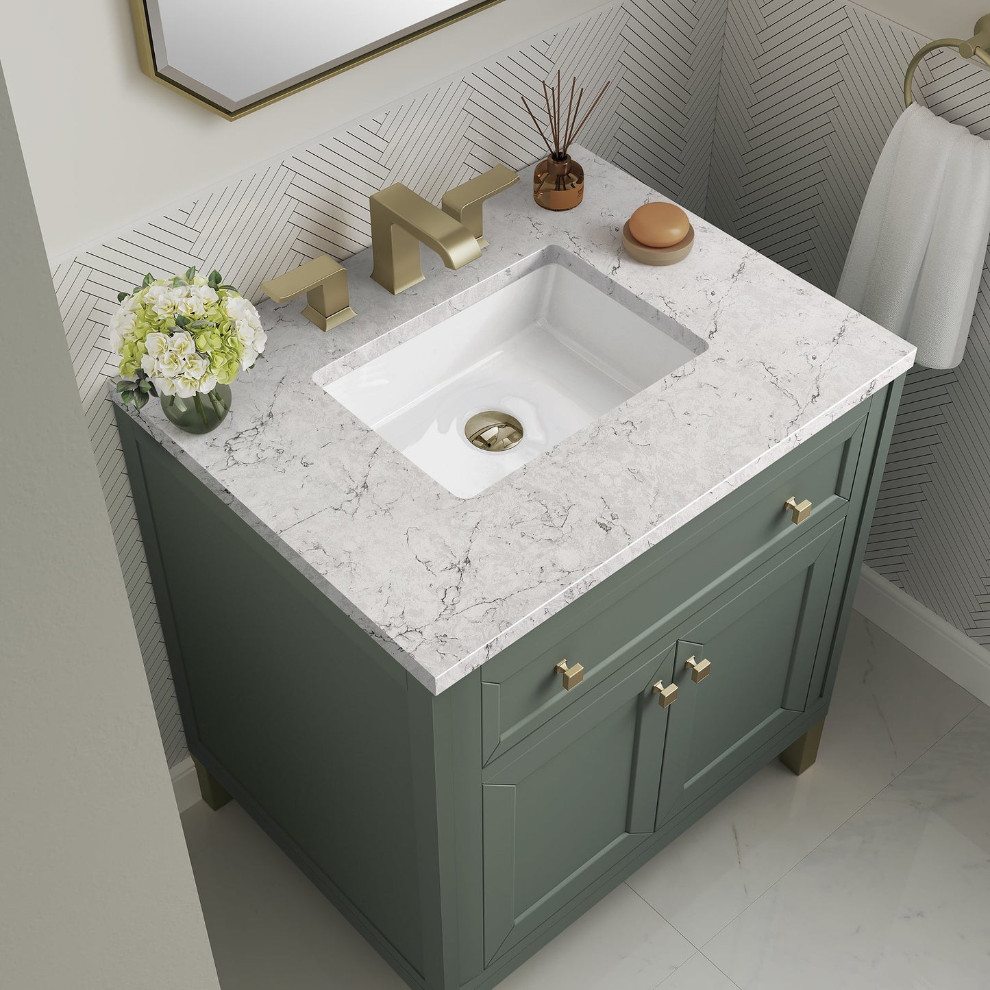 
                  
                    Chicago 30" Single Bathroom Vanity in Smokey Celadon Single Bathroom Vanity James Martin Vanities Eternal Jasmine Pearl Silestone 
                  
                