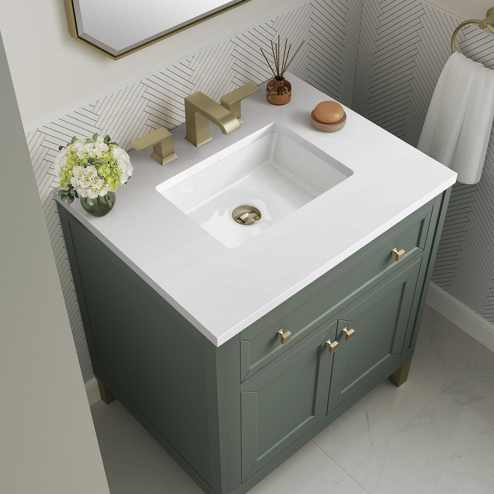 
                  
                    Chicago 30" Single Bathroom Vanity in Smokey Celadon Single Bathroom Vanity James Martin Vanities White Zeus Silestone 
                  
                