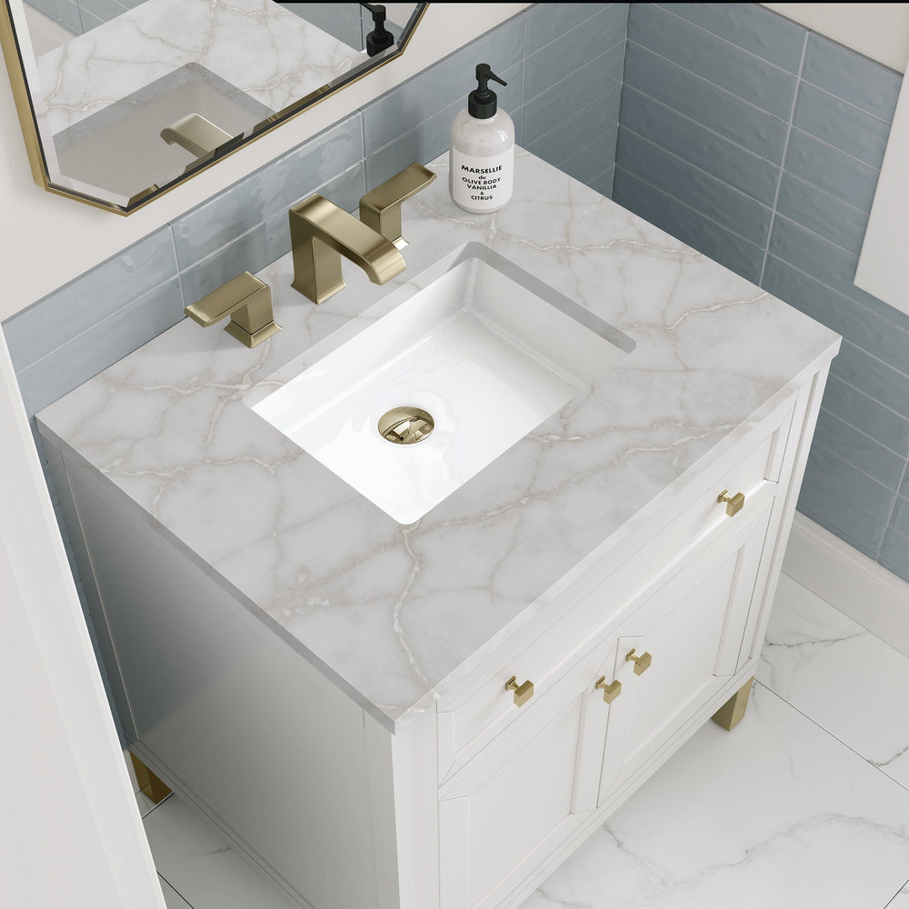 
                  
                    Chicago 30" Single Vanity in Glossy White James Martin Vanities Victorian Silver Silestone 
                  
                