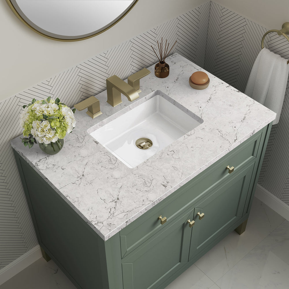 
                  
                    Chicago 36" Single Bathroom Vanity in Smokey Celadon Single Bathroom Vanity James Martin Vanities Eternal Jasmine Pearl Silestone 
                  
                