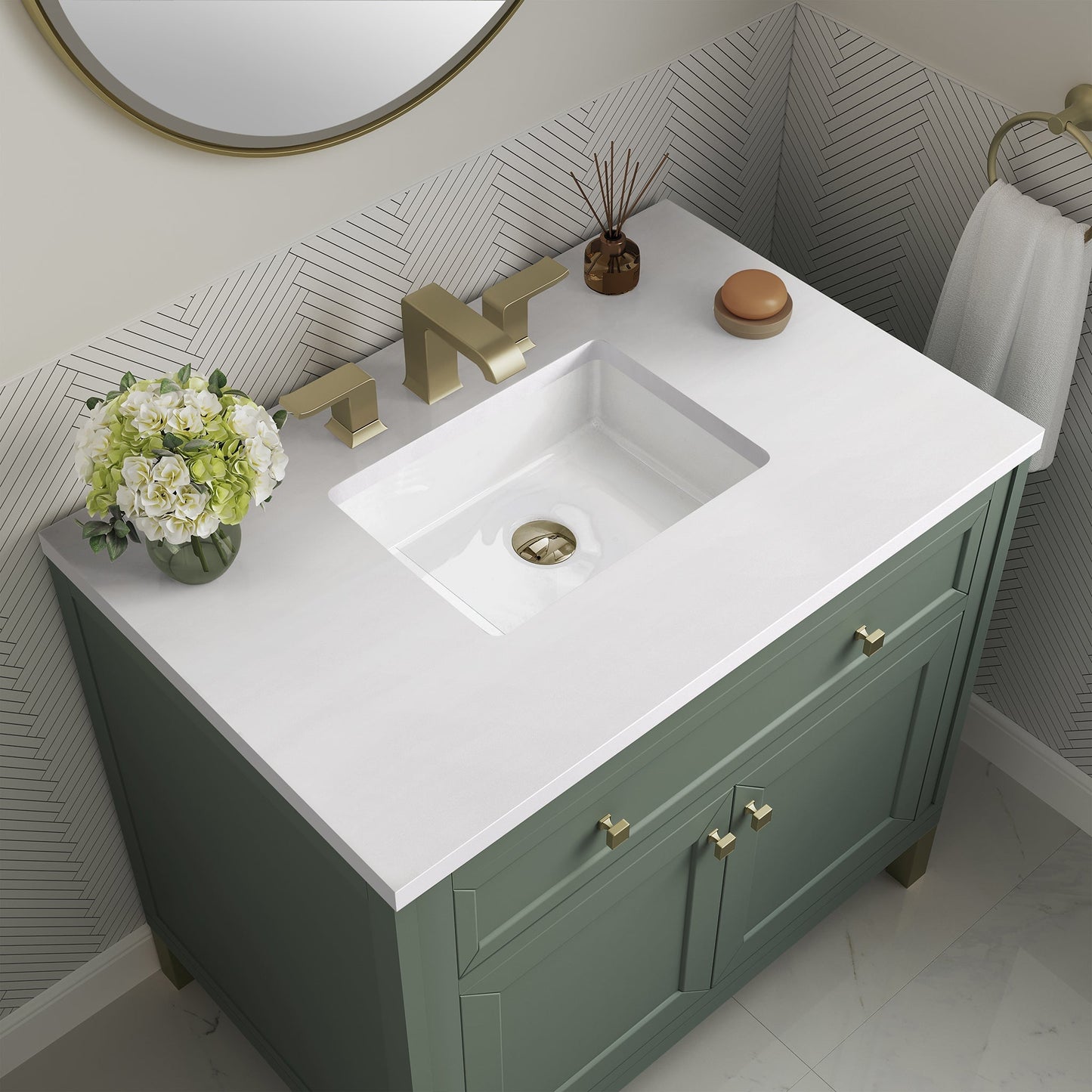 
                  
                    Chicago 36" Single Bathroom Vanity in Smokey Celadon Single Bathroom Vanity James Martin Vanities White Zeus Silestone 
                  
                