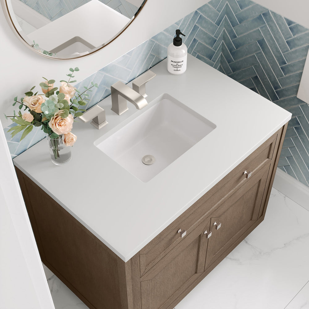 
                  
                    Chicago 36" Single Bathroom Vanity Whitewashed Walnut Single Bathroom Vanity James Martin Vanities White Zeus Silestone 
                  
                