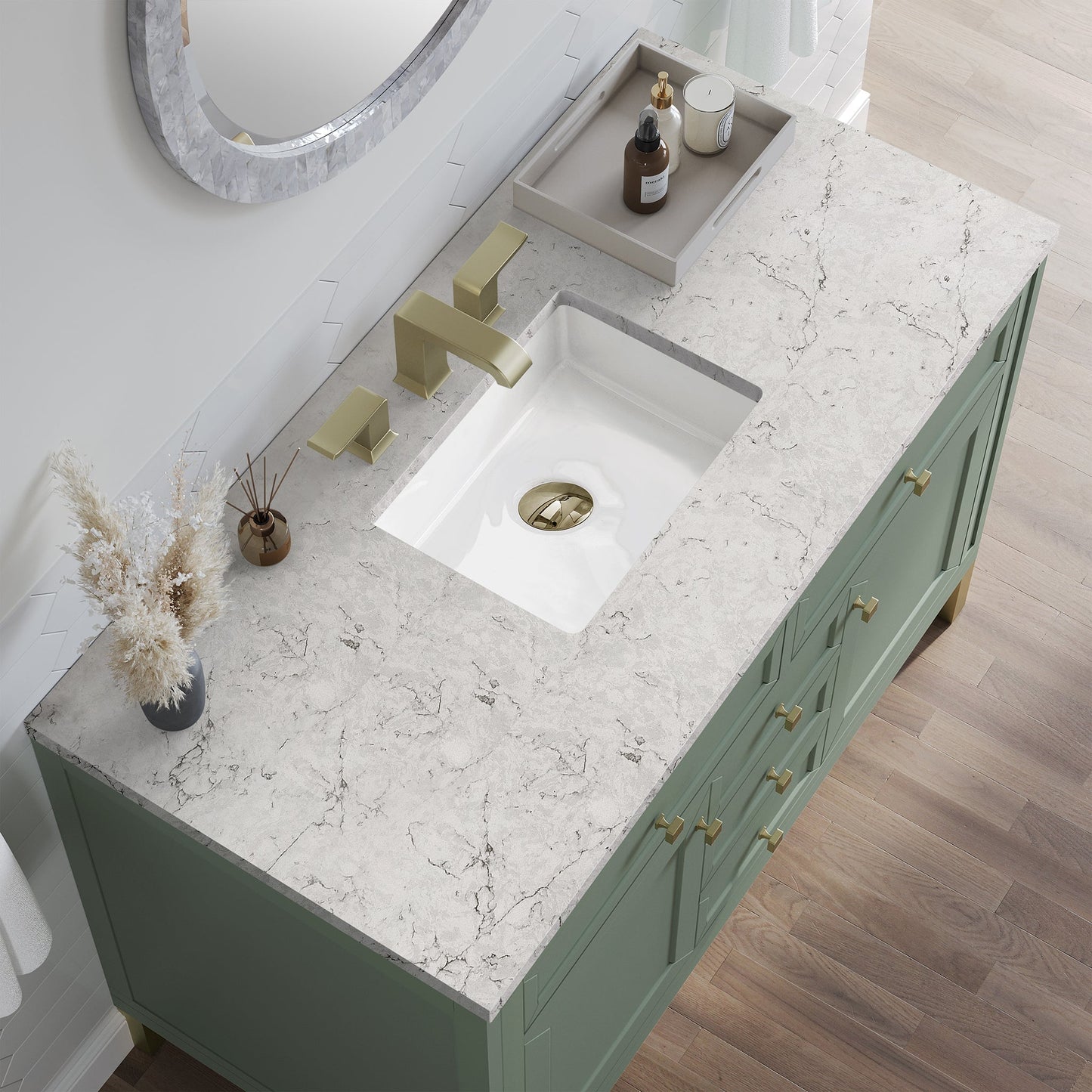 
                  
                    Chicago 48" Single Bathroom Vanity in Smokey Celadon Single Bathroom Vanity James Martin Vanities Eternal Jasmine Pearl Silestone 
                  
                